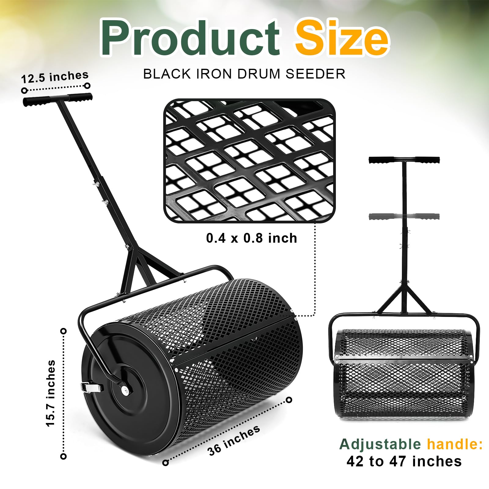 Hiboom Esparcidor de abono de turba para jardín, tierra superior, tierra, esparcidor de gotas de semillas con mango ajustable en forma de T, esparcidor de malla de metal ligero para patio (negro, 15.7