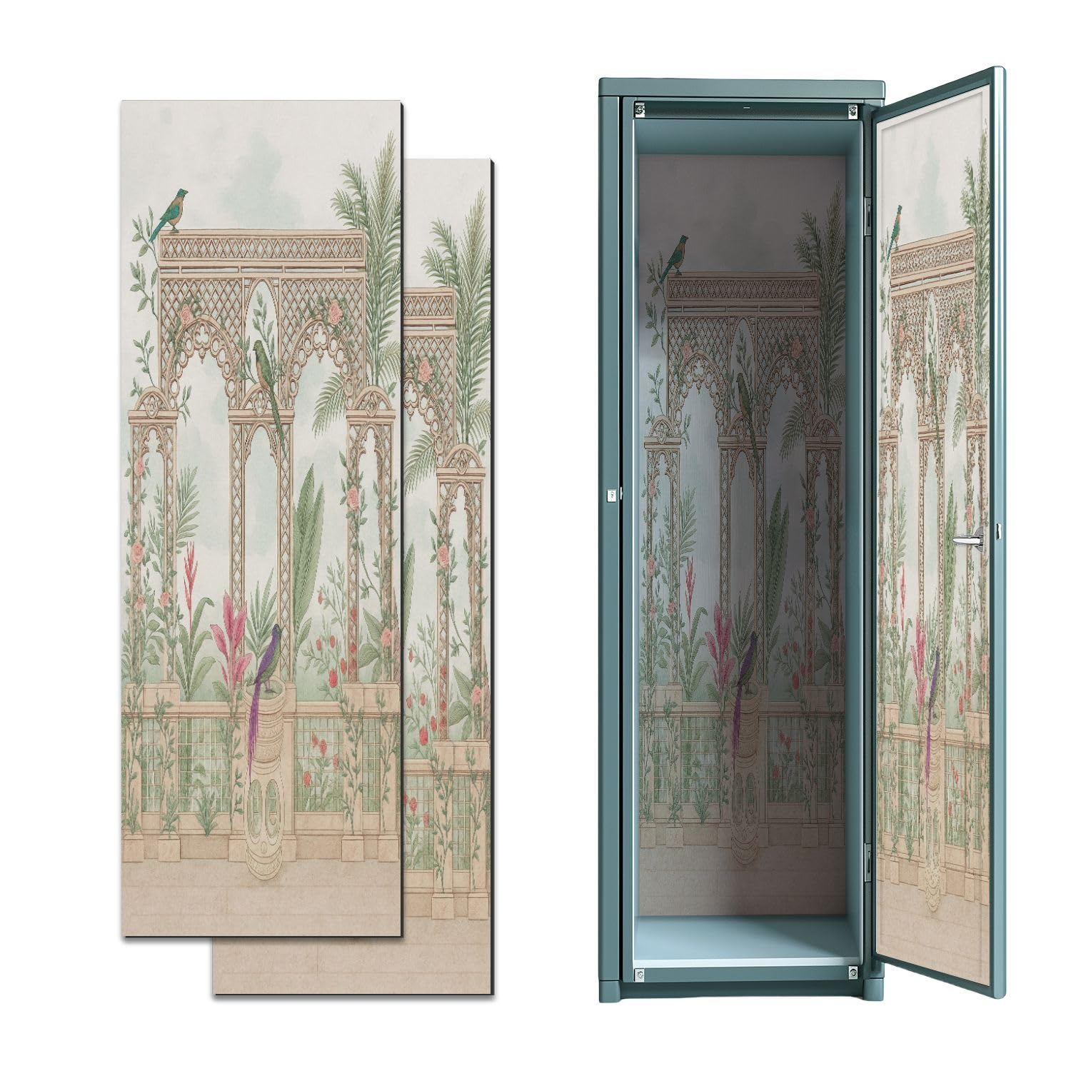 CEREJYPUZ 2 Pcs Locker Magnetic Wallpaper French Style Trellis Garden Pink Flower Rose Bird vase Palm 12" x 36" Wall Magnetic Sticker Removable Locker