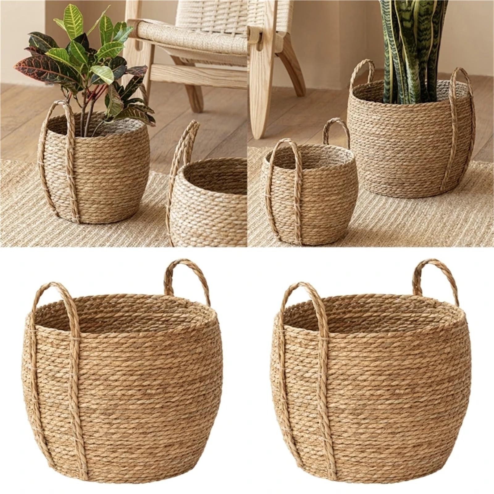 Cache Pot en Osier Paniers de rangement tissés à la main avec poignée, 3 pièces, jardinière en paille, Pots de fleurs, paniers for plantes de jardin, conteneurs de linge for la maison, décor(L)