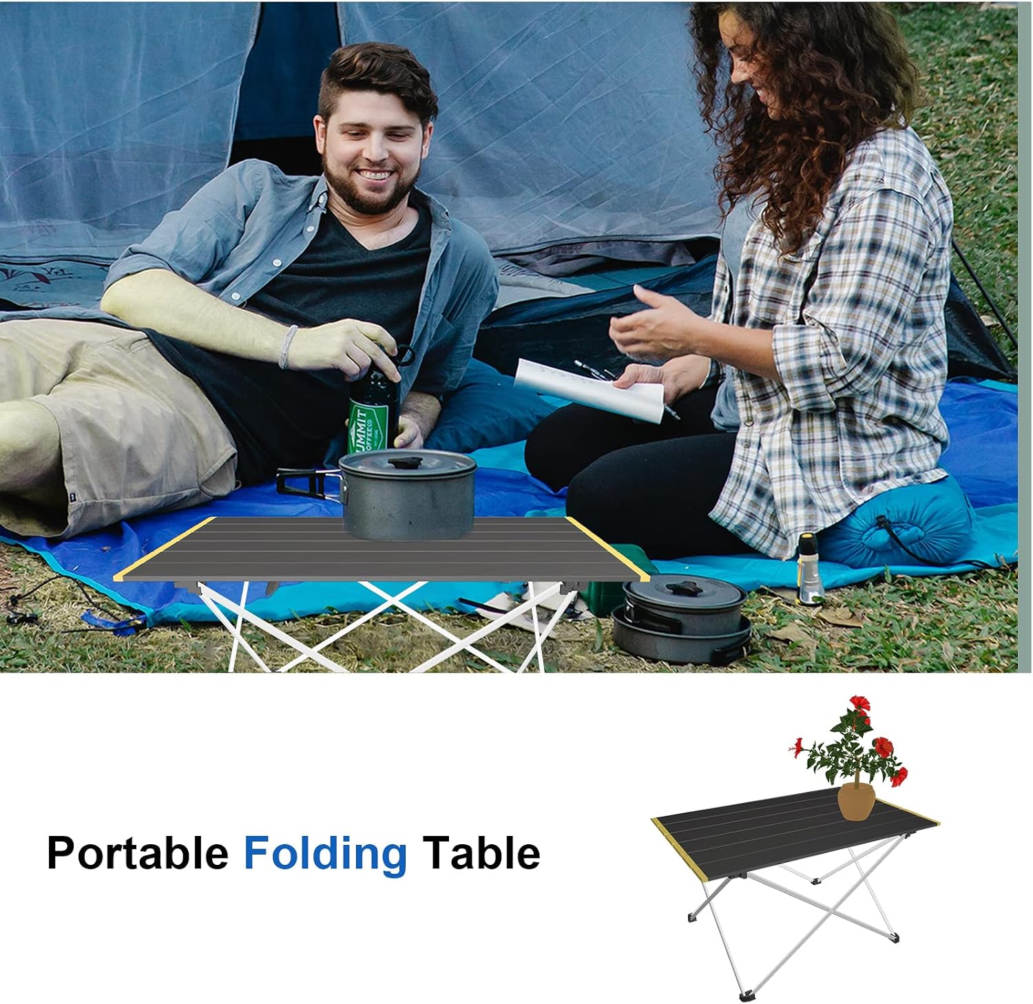 PORLAE Camping Table Folding Camping Table Portable Aluminum Beach Table with Carry Bag for Outdoor Cooking, Hiking, Travel and Picnic Grey-Yellow