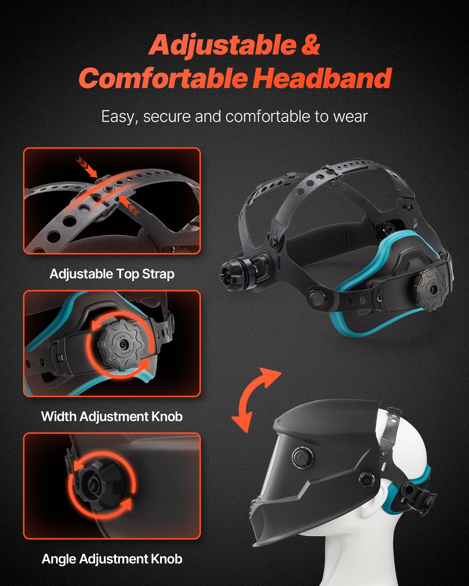 VEVOR Casco per Saldatura Auto-Oscurante, Cappuccio per Saldatura Energia Solare Colori Reali da 100 x 80 mm, 4 Sensori ad Arco, Tonalità 4/5-9/9-13 per Rettifica TIG MIG ARC, Serie METIS