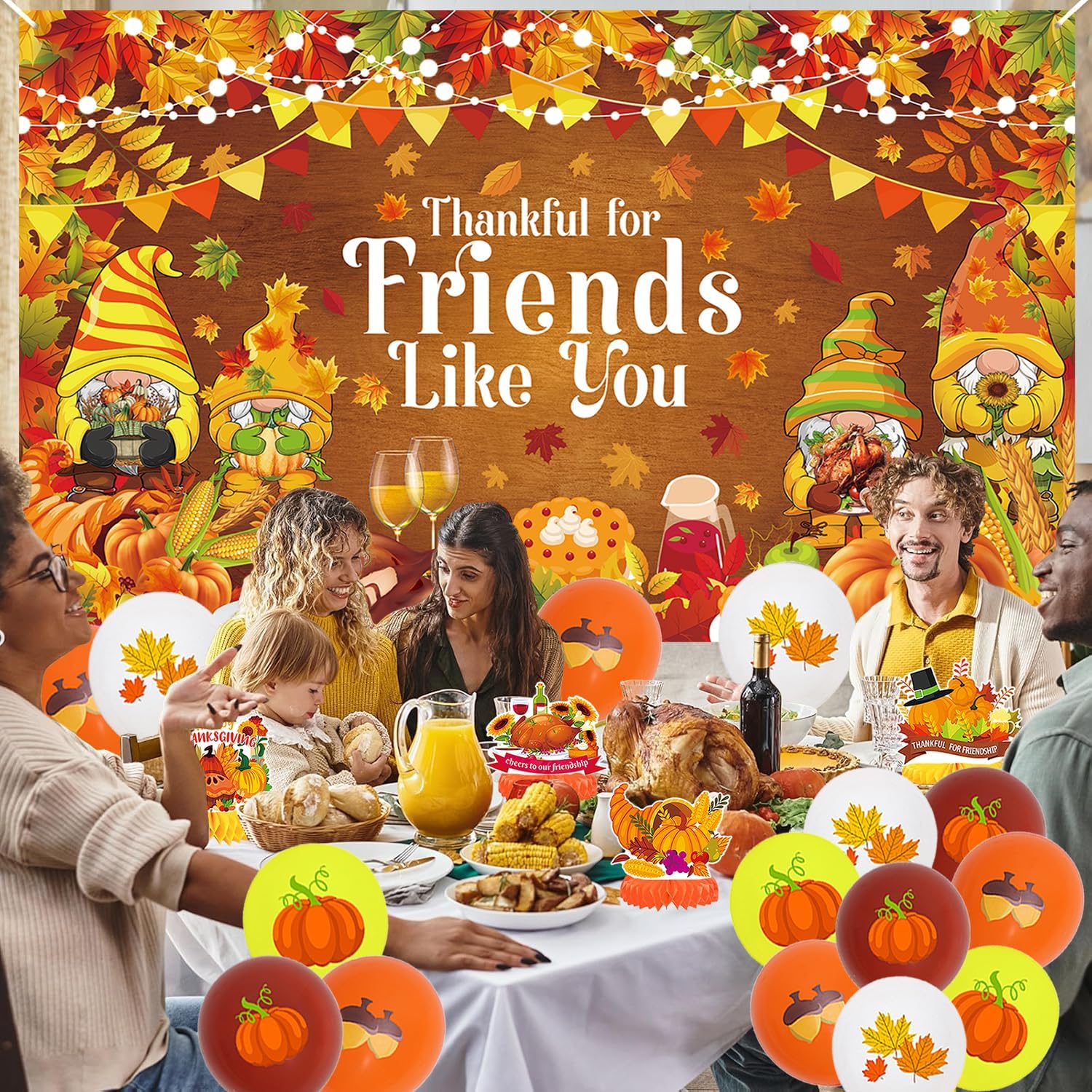 Friendsgiving Decorations Kit - Thanksful Banner, Honeycomb Centerpiece, Indoor Party Decorations