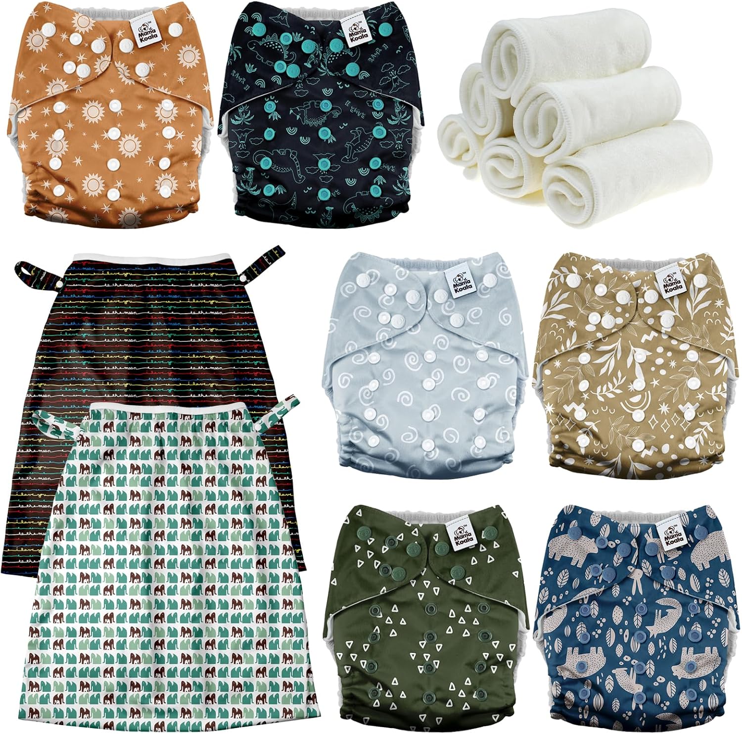 Mama Koala 3.0 Baby Cloth Diapers with 6 Inserts Bundle(Natural Elements), with 2 Pack Reusable Pail Liner