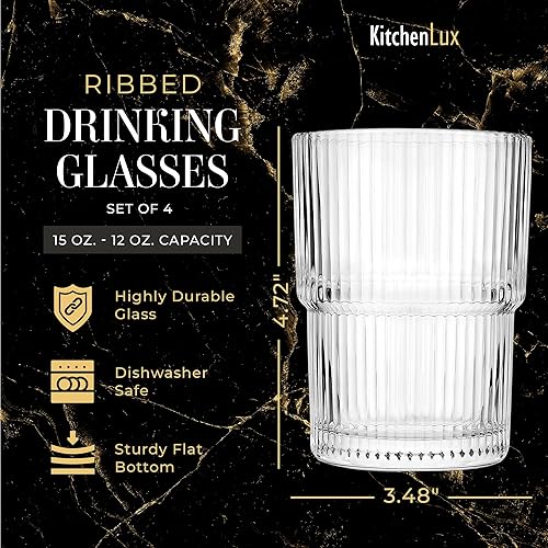 Miniatura 10 de Kitchen Lux Vasos de vidrio acanalados de 12 onzas  Juego de 6 vasos acanalados  Juego de 6 vasos estéticos con textura vintage retro ondulados para