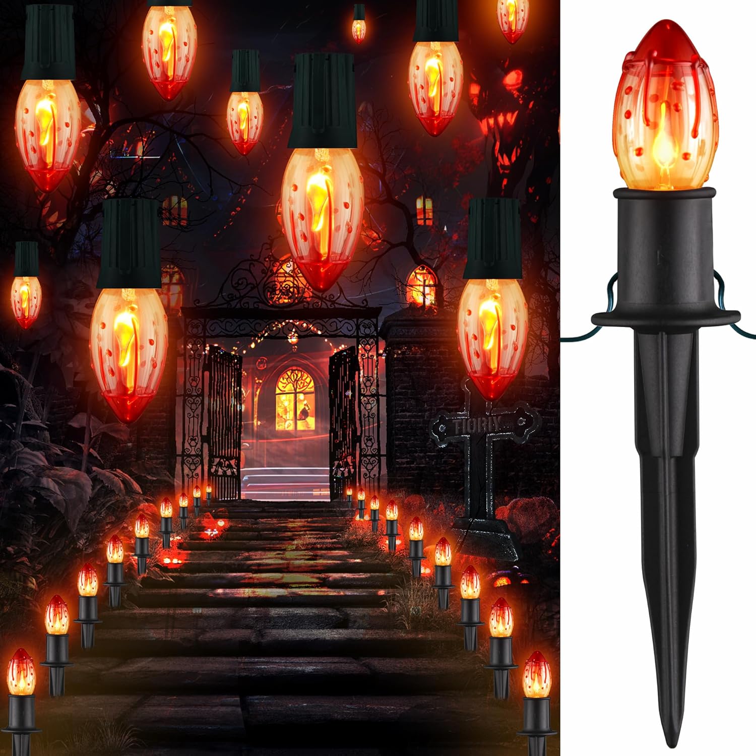 24.2ft Halloween Flame String Lights, 20 Lights Halloween Decoration Waterproof Flickering Flame Lights, C9 String Pathway Lights with Stakes for Indoor or Outdoor Decor, Party Red