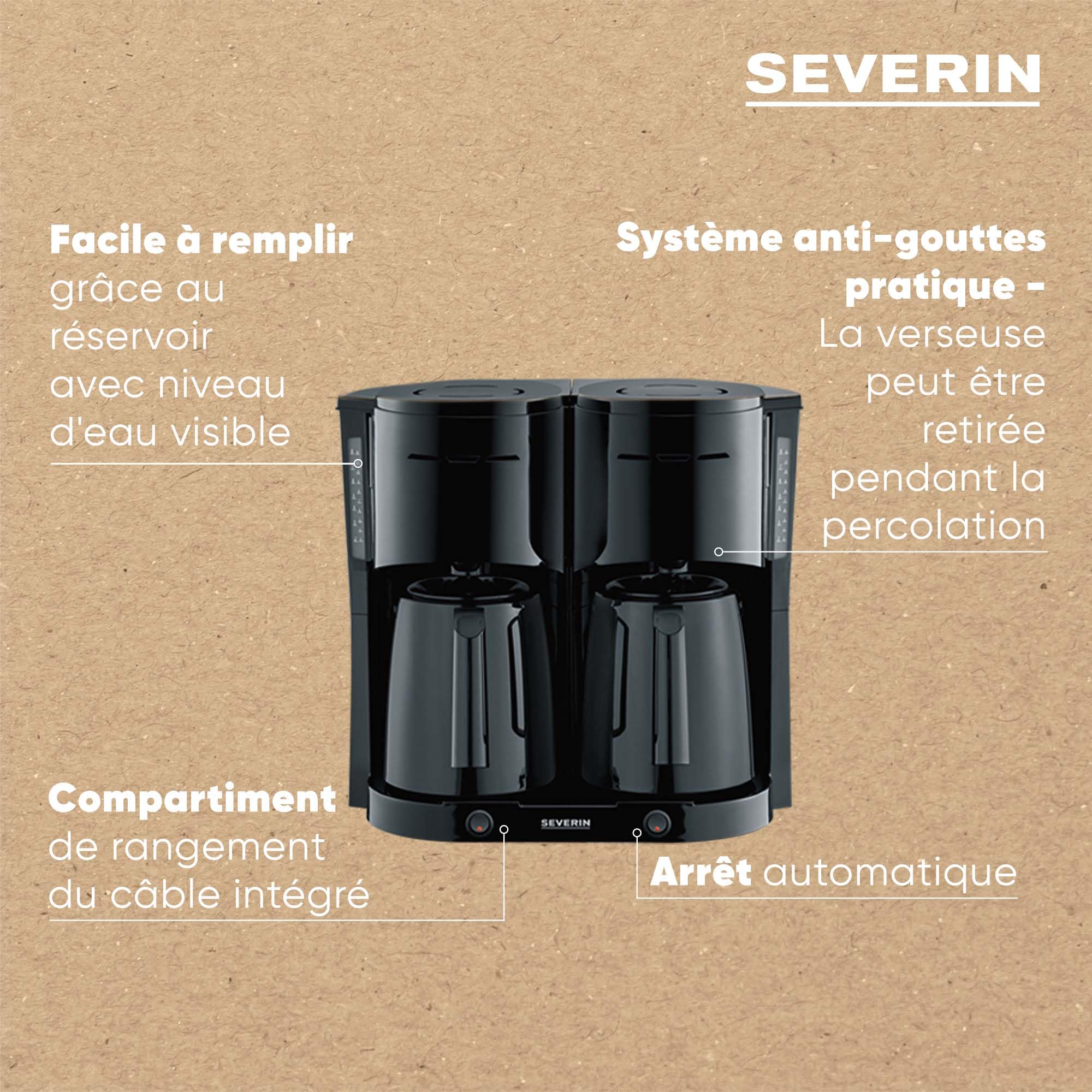 SEVERIN Cafetière Filtre Isotherme Duo, 2 X 1000 W, Jusqu'à 2L soit 16 tasses, 2 verseuses isothermes, 2 filtres pivotants, Noir, KA 9315