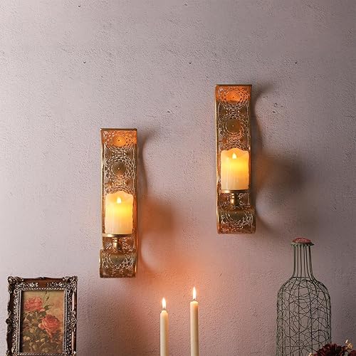 Miniatura 7 de Wall Candle Sconce Set of 2,Gold Metal Wall Mount Candle Holder，Spanish Baroque Hollow Carving Wall-Mounting Sconces for Living Room, Bathroom,