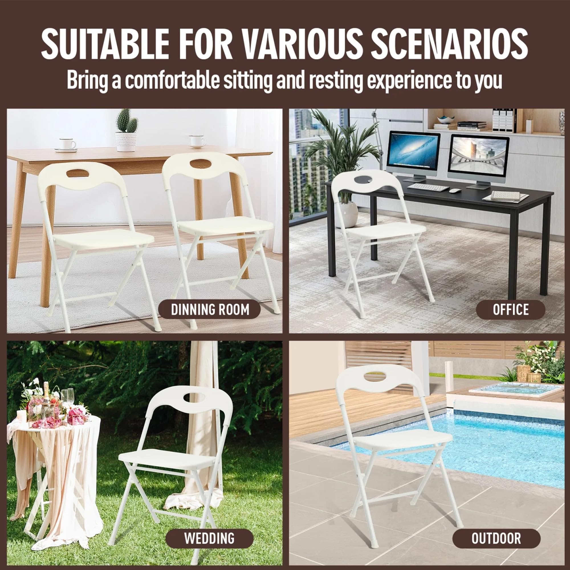 Huacan Lot de 4 chaises pliantes confortables en acier renforcé, blanc