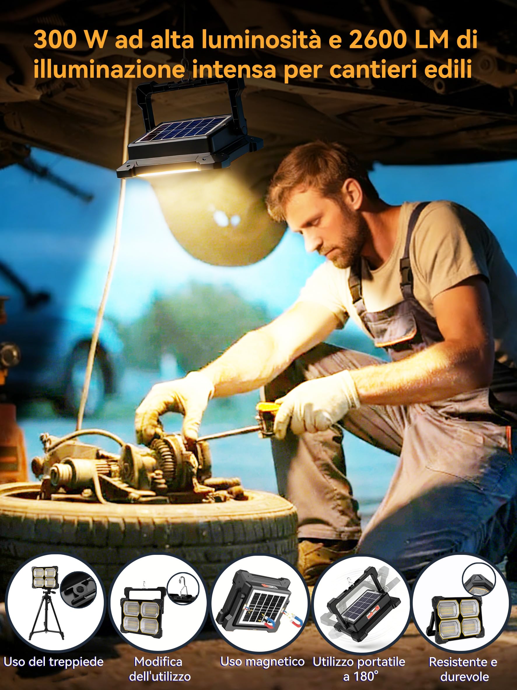 Faro LED Ricaricabile 300W, Faretto LED Ricaricabile 26000mAh con Pannello Solare, 5 Modalità di Illuminazione, Faro a Batteria Ideale per Campeggio, Lavoro, Pesca