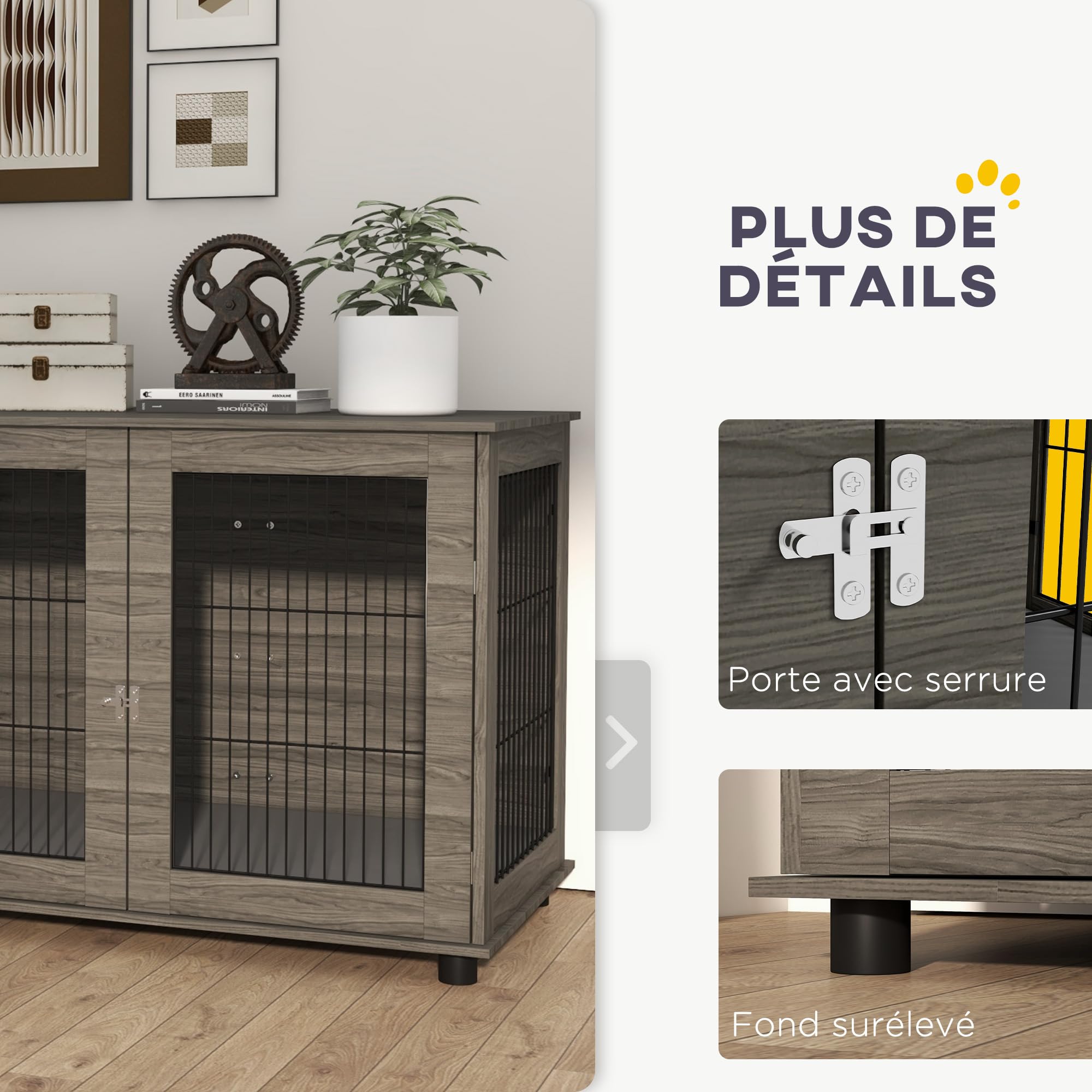 PawHut Cage pour Chien intérieur Table d'appoint 100 x 60 x 73,5 cm Niche pour Chiens jusqu'à 30 kg avec Coussin déhoussable Porte verrouillable Gris