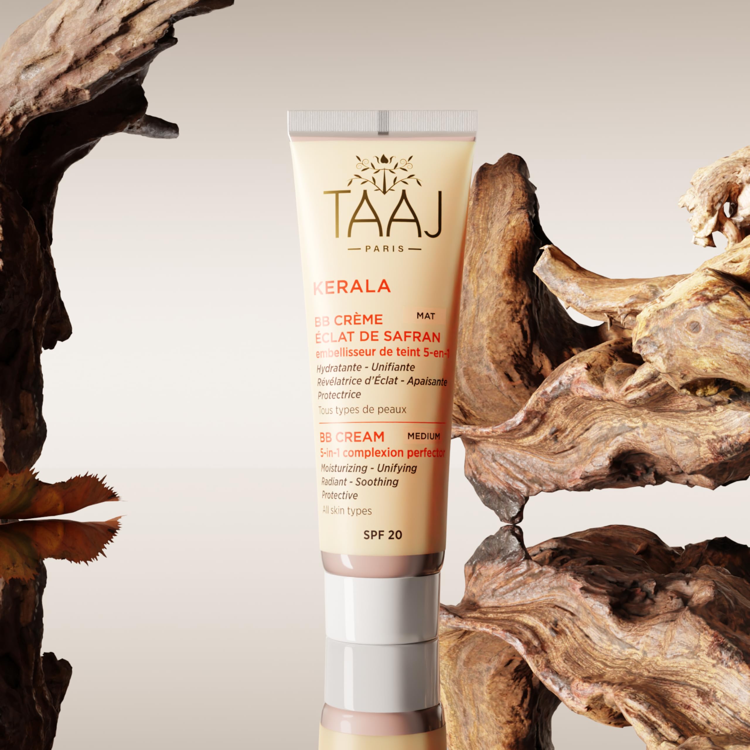 TAAJ | BB Crème Éclat de Safran Mat SPF 20 - KERALA | Hydrate, Unifie & Illumine le teint | Apaisante | Cible les irrégularités pour une peau parfaite | Texture légère & non grasse | Vegan | 50ml