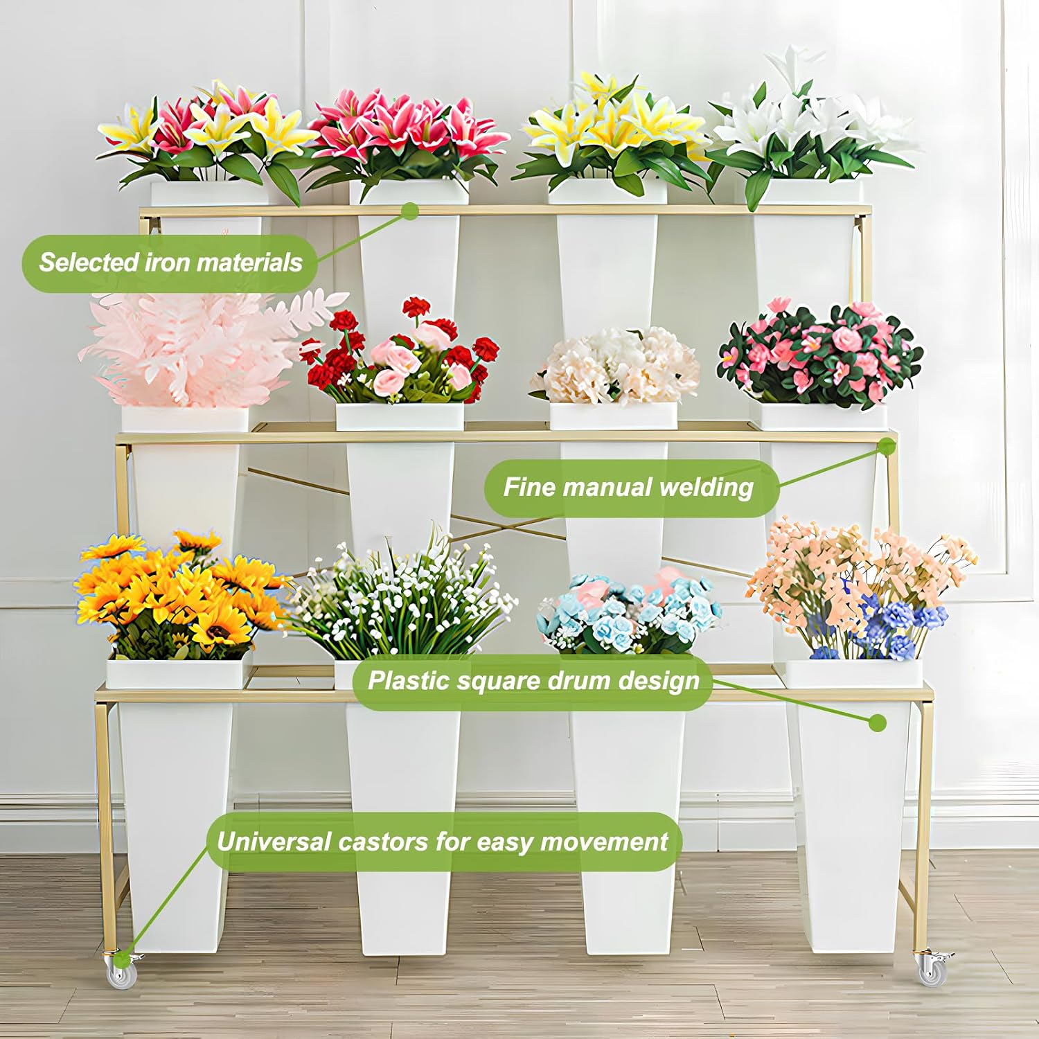 Flower Display Stand with White 12 Buckets, 3 Layers Metal Plant Cart Wheels, Heavy Duty Moving Flower Bouquet Shelf for Florist Indoor Plant Wedding Dector (White Frame+White Bucket)