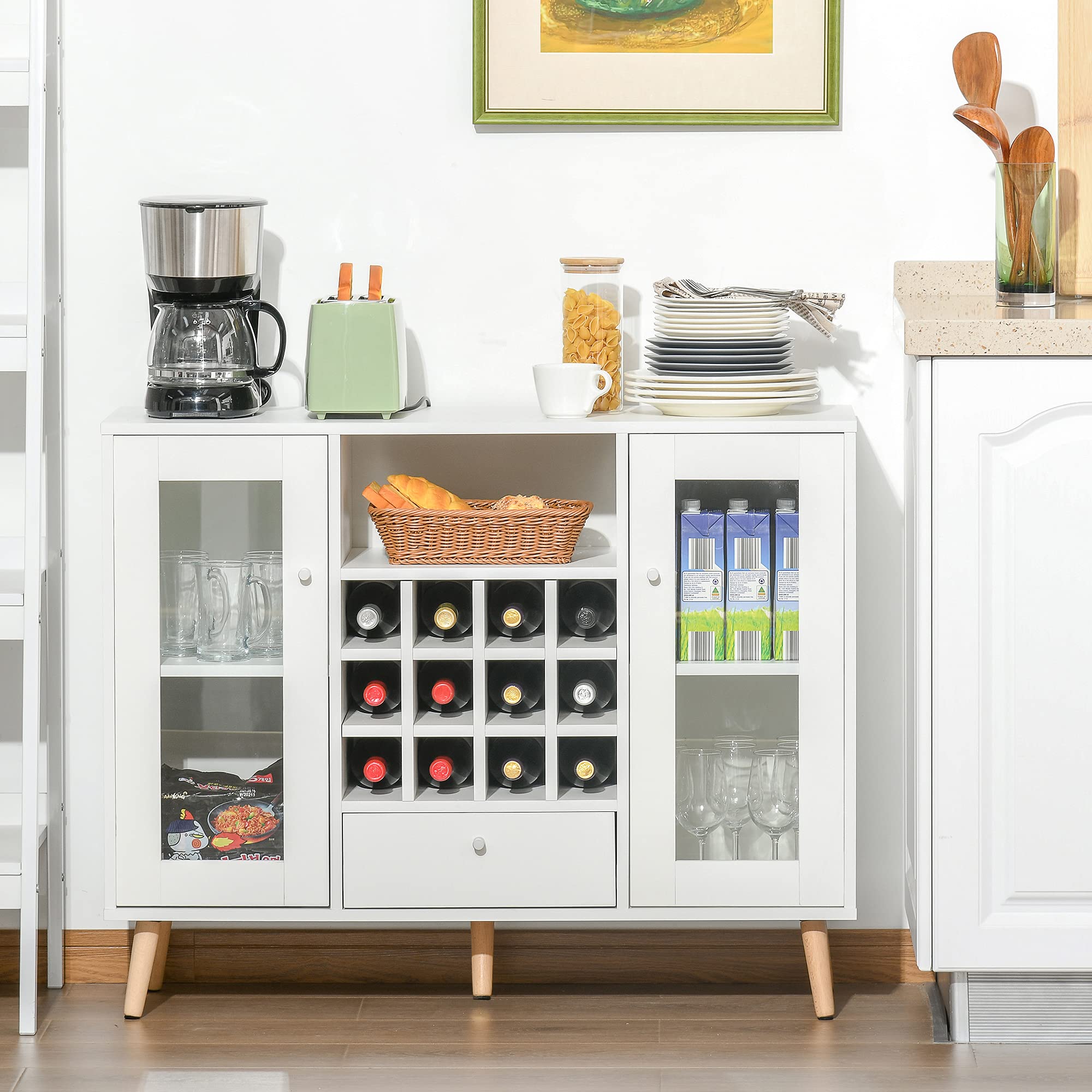 HOMCOM Aparador de Cocina Buffet Alacena con Botellero 100x33x80 cm Blanco | para Salón y Comedor, Almacenaje, Cajón, Estante Abierto, 2 Armarios con Puertas de Cristal, Moderno