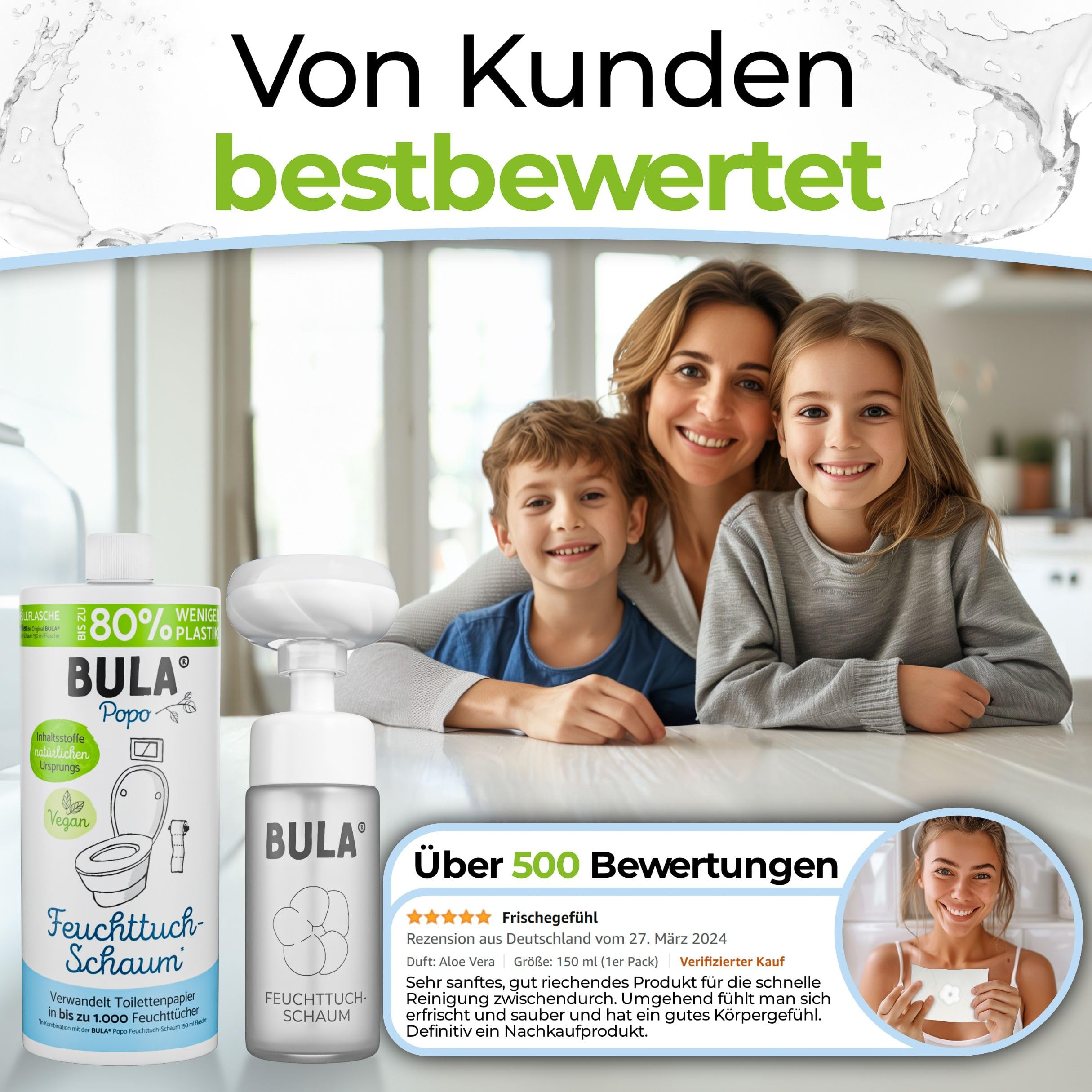 BULA® Popo - Juego de botellas de cristal ecológicas con diseño de botella de cristal (vacía) + botella de recambio + bomba de espuma de flores con soporte | alternativa sostenible para toallitas