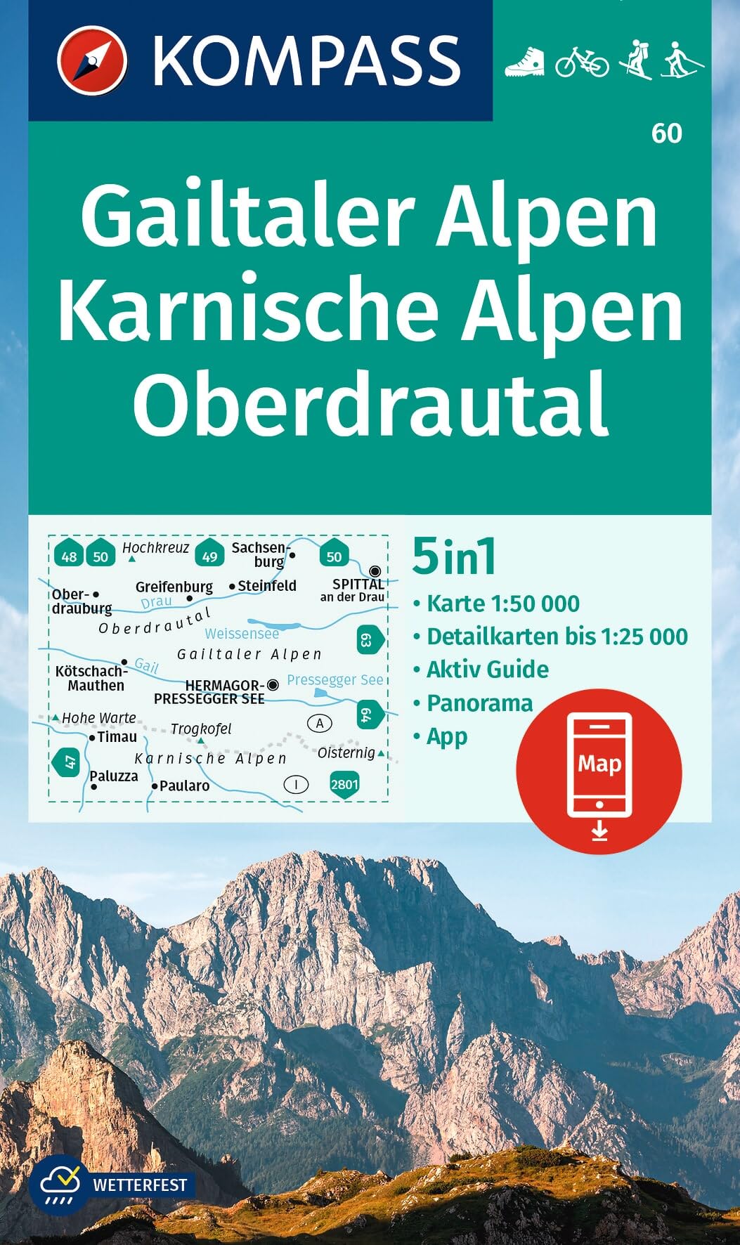 Gailtaler Alpen / Karnische Alpen / Oberdrautal +Aktiv Guide (60): 5in1 Wanderkarte, mit Panorama, Aktiv Guide und Detailkarten inklusive Karte zur ... Fahrradfahren. Skitouren. Langlaufen.