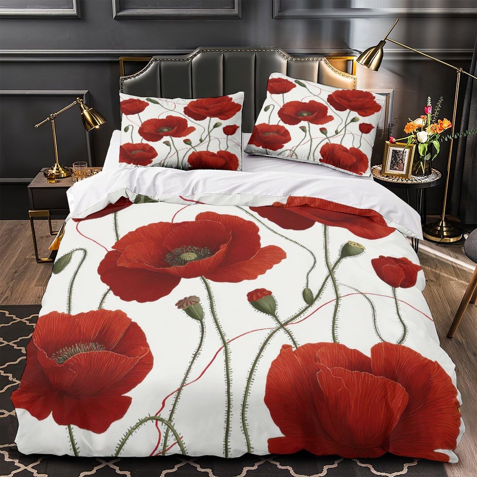 Housse de couette pavot rouge avec illustration botanique 3D haute définition