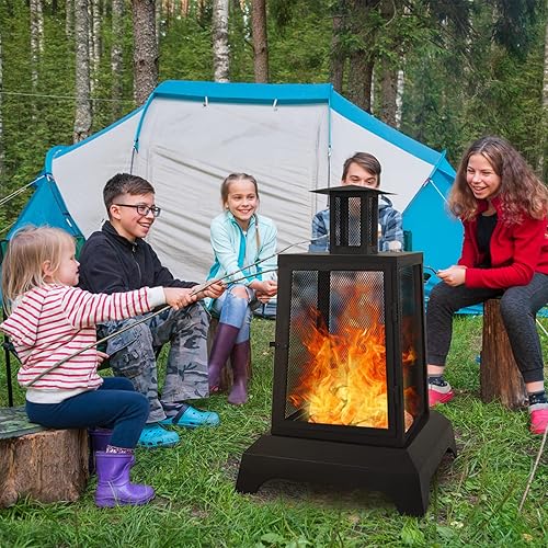 Miniatura 2 de Fogatas grandes de leña de 44 pulgadas de alto, hogueras de acero estilo pagoda al aire libre, con pantalla de chispa de malla, hogueras modernas