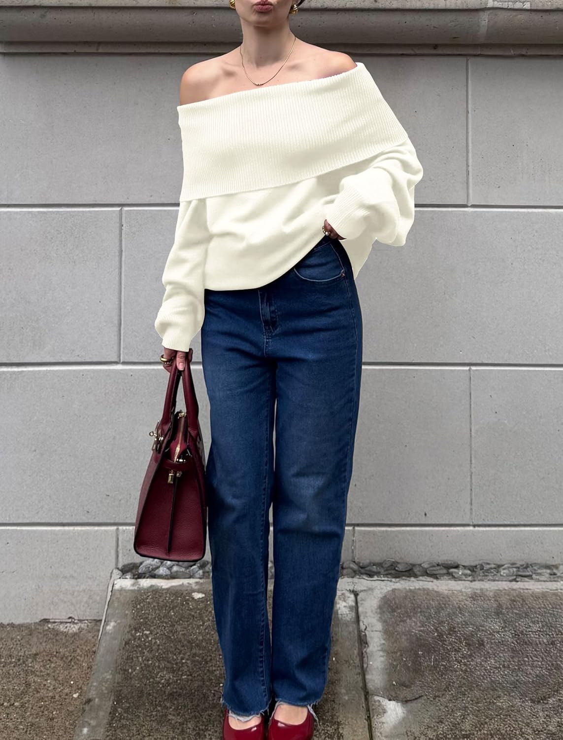 ZAFUL Women's Off Shoulder Sweater Fall Oversized Knit Tops 2025 Long Lantern Sleeve Pullover Jumper - Image 3