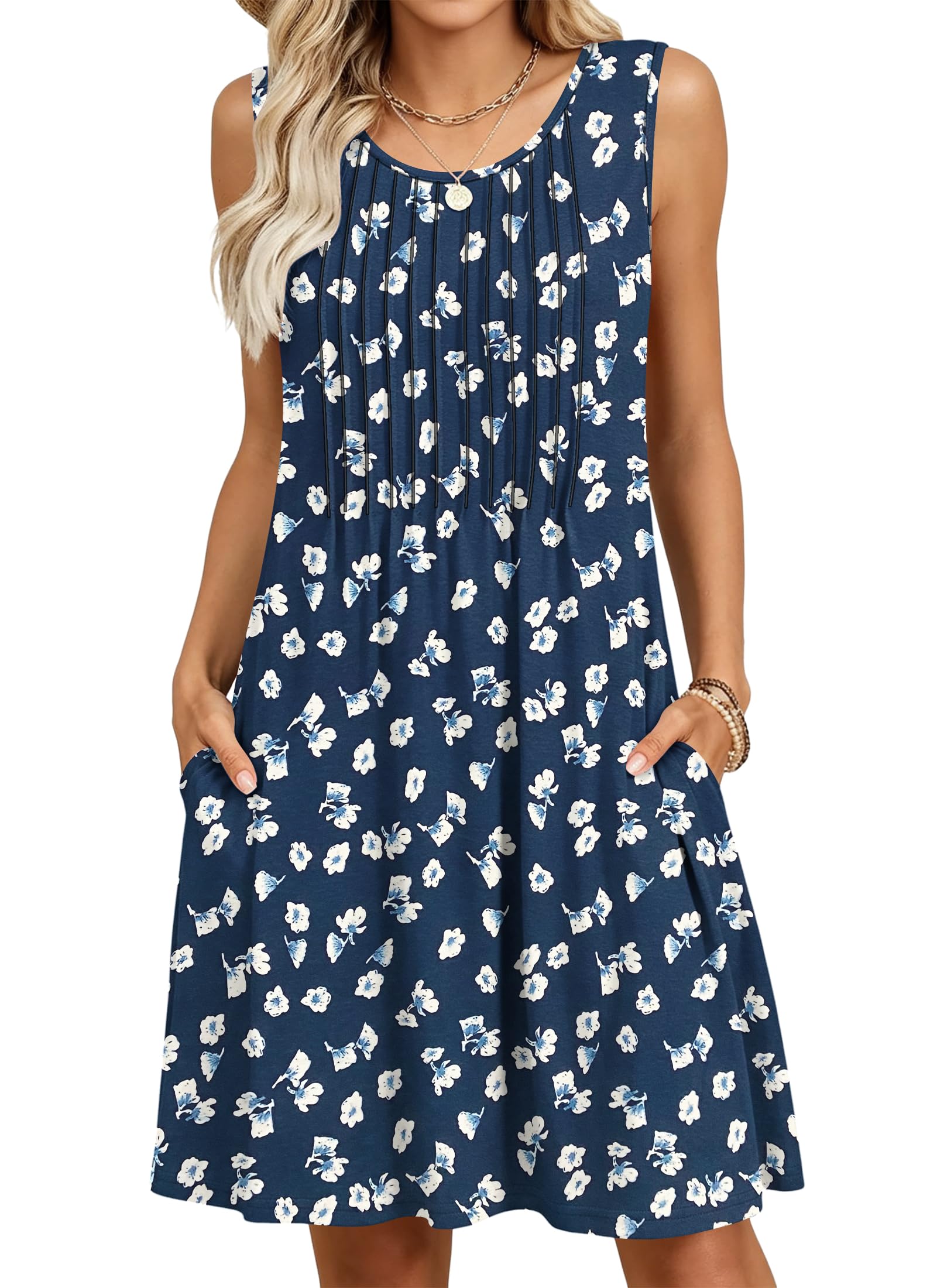 MOLERANI Women Summer Dresses - Round Neck Ladies Floral Sleeveless Tank Beach Midi Dresses with Pockets Knee Length Floral Navy L