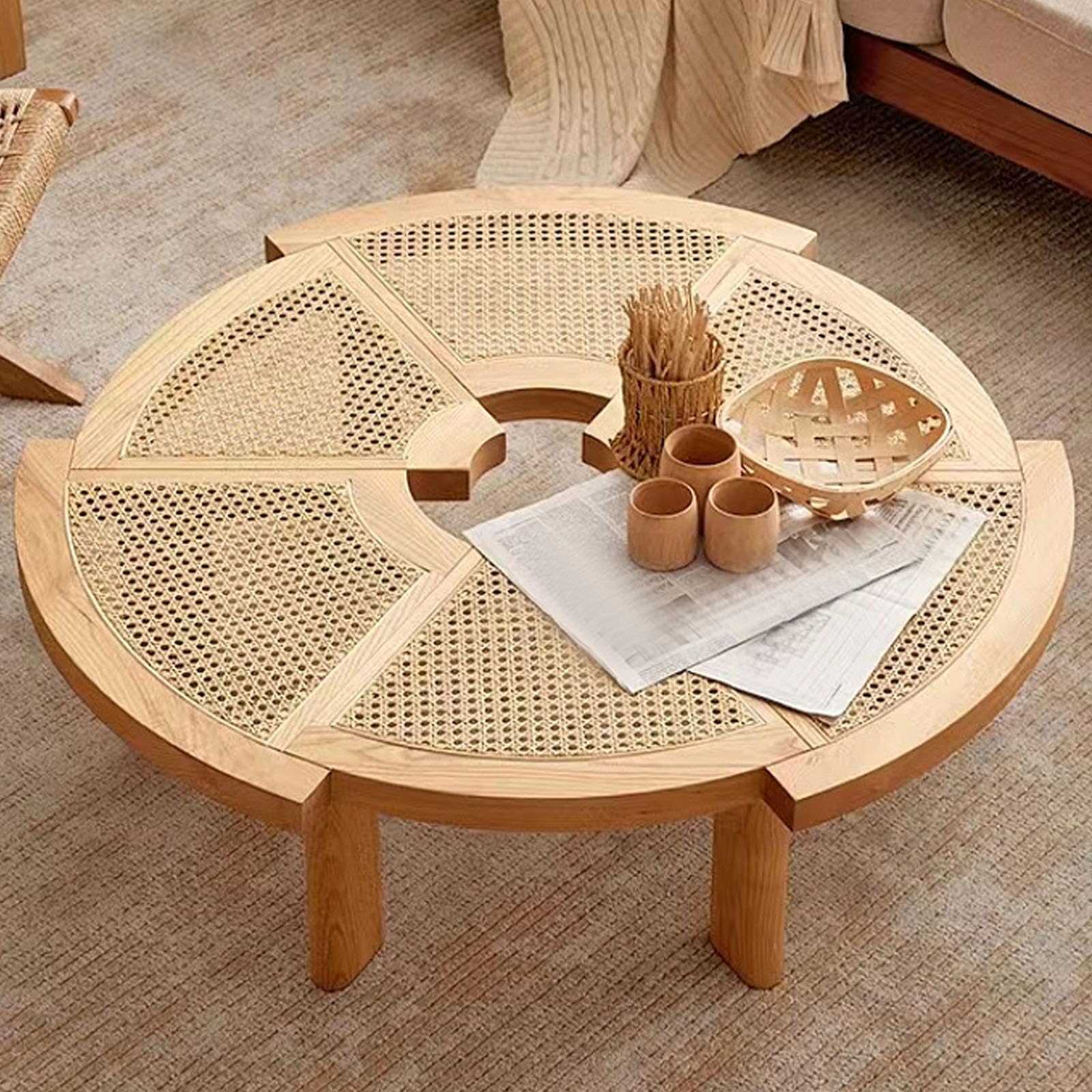 Wooden Rattan Round Coffee Table, Solid Wood Coffee Table with Rattan Desktop, Lounge Table, Irregular Round Tea Table with 6 Legs, Household Rattan Furniture for Living Room,Log