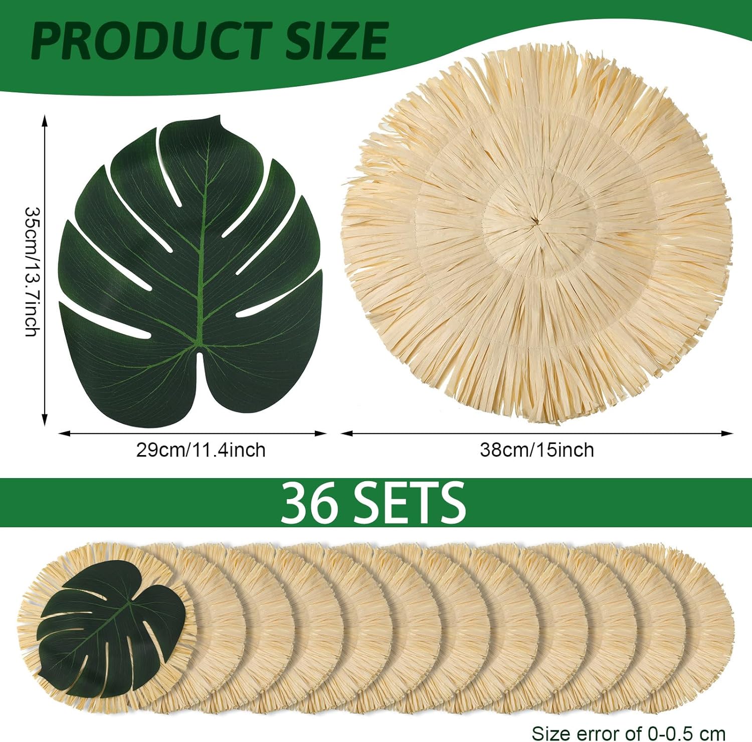 72pcs Luau Placemats and Palm Placemat, Round Luau Fringe Place Mats Tropical Palm Leaf Place Mats Bulk Summer Hawaiian Plate Chargers Table Placemats Tropical Party Supplies