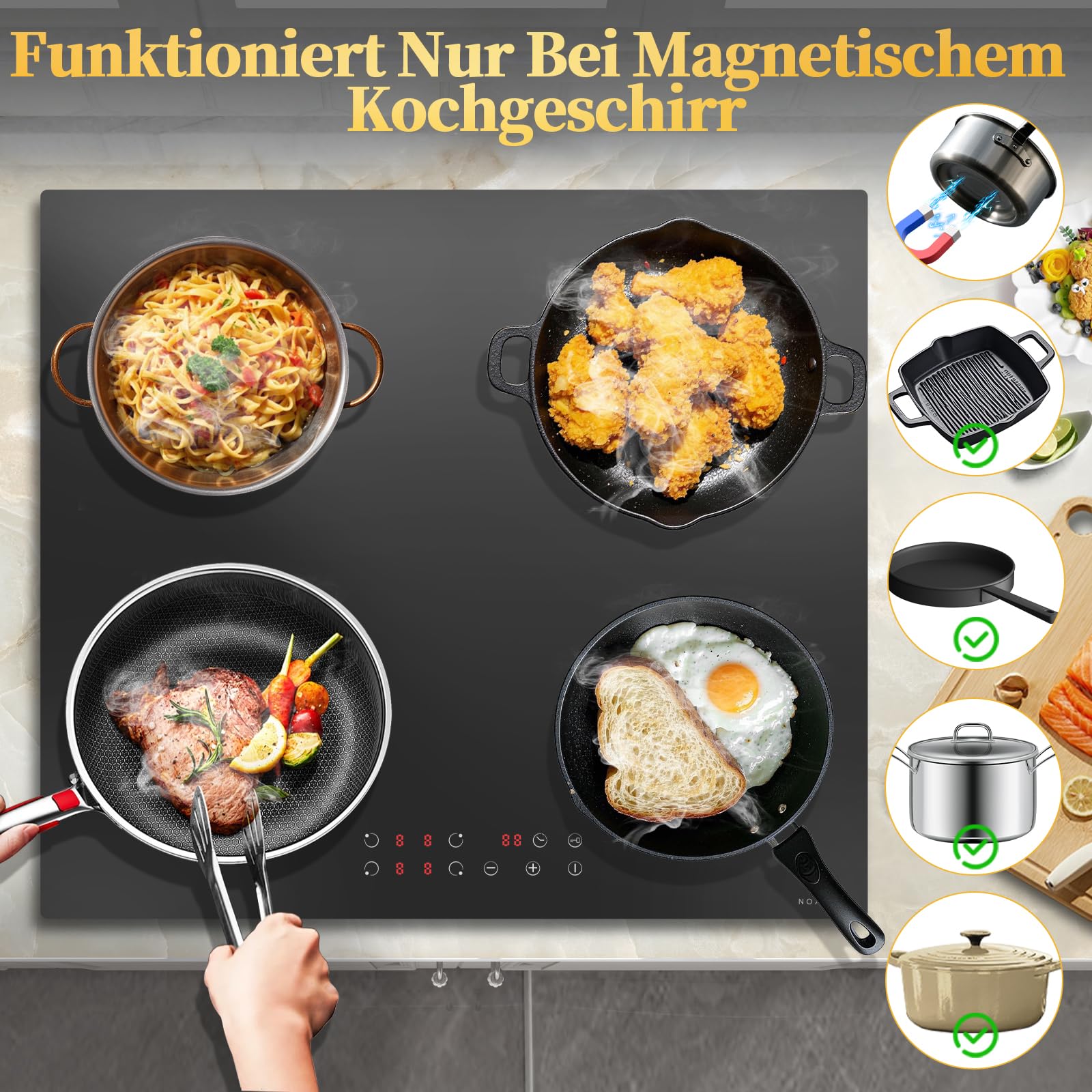 NOXTON Induktionskochfeld 60 cm 4 Platten 3500W Touch Timer Kindersicherung