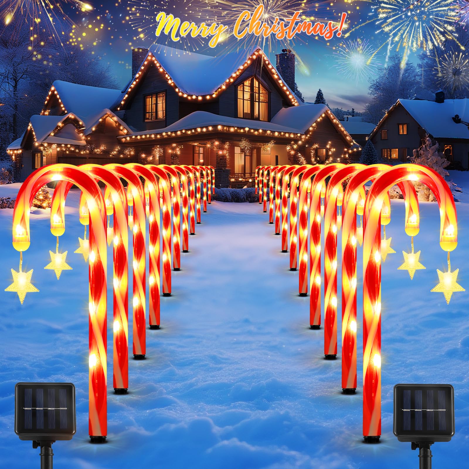 Lewondr 15" Solar Christmas Candy Cane Lights Outdoor, Pathway Stake Lights with 2 Modes, 216 LED Beads, Waterproof Outside Xmas Decorations with Star