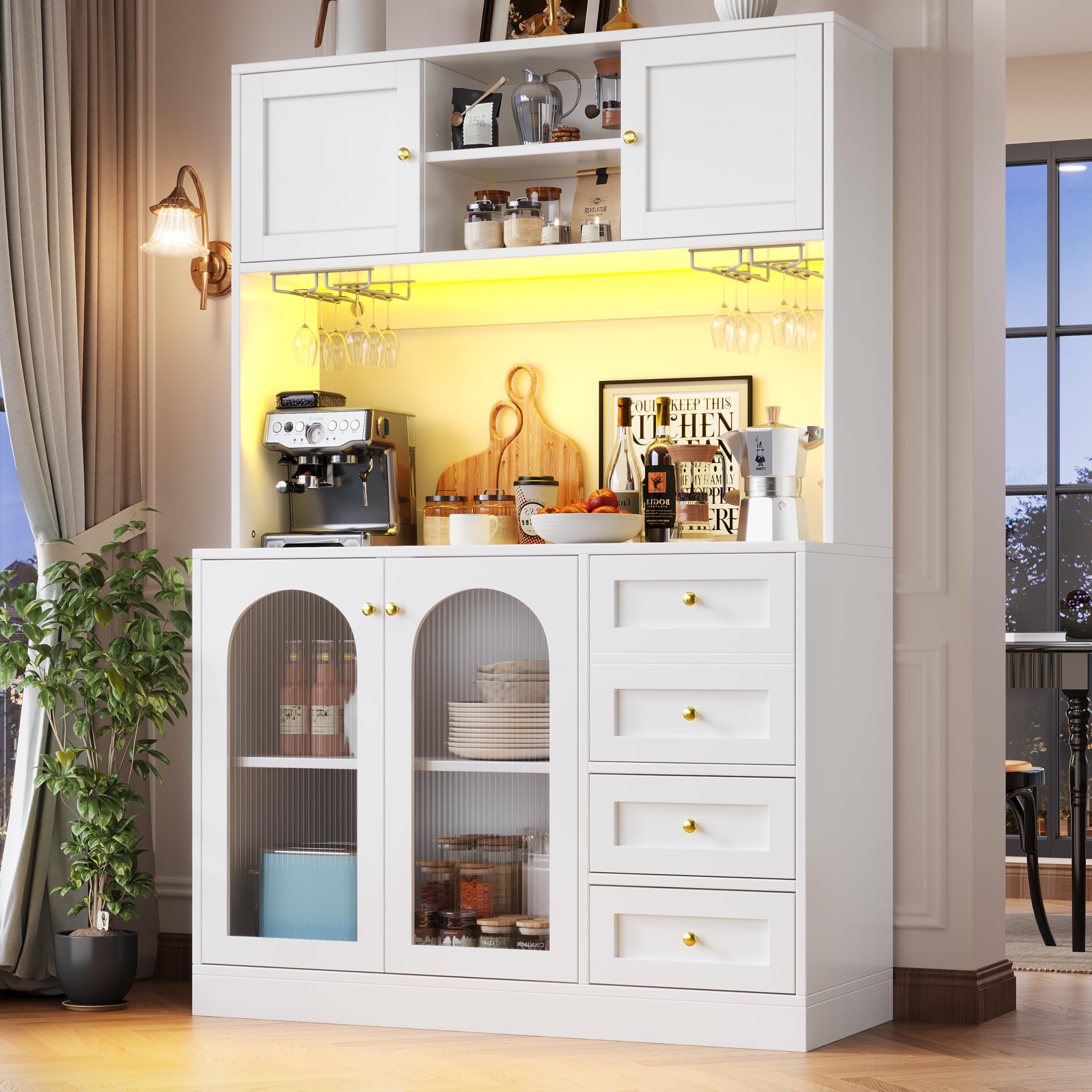DRIXNO Küchenschrank, Aufbewahrungsschrank, Buffetschrank mit LED-Beleuchtung, Esszimmerschrank mit Getränkehaltern, 4 Türen, Sideboard für Küche Wohnzimmer Esszimmer, 120x40x188 cm, Weiß
