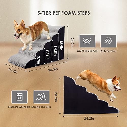 Miniatura 3 de LitaiL Escaleras y escalones de espuma para perros de 24.4 pulgadas, escaleras para mascotas para cama alta de hasta 28 pulgadas, escaleras de rampa