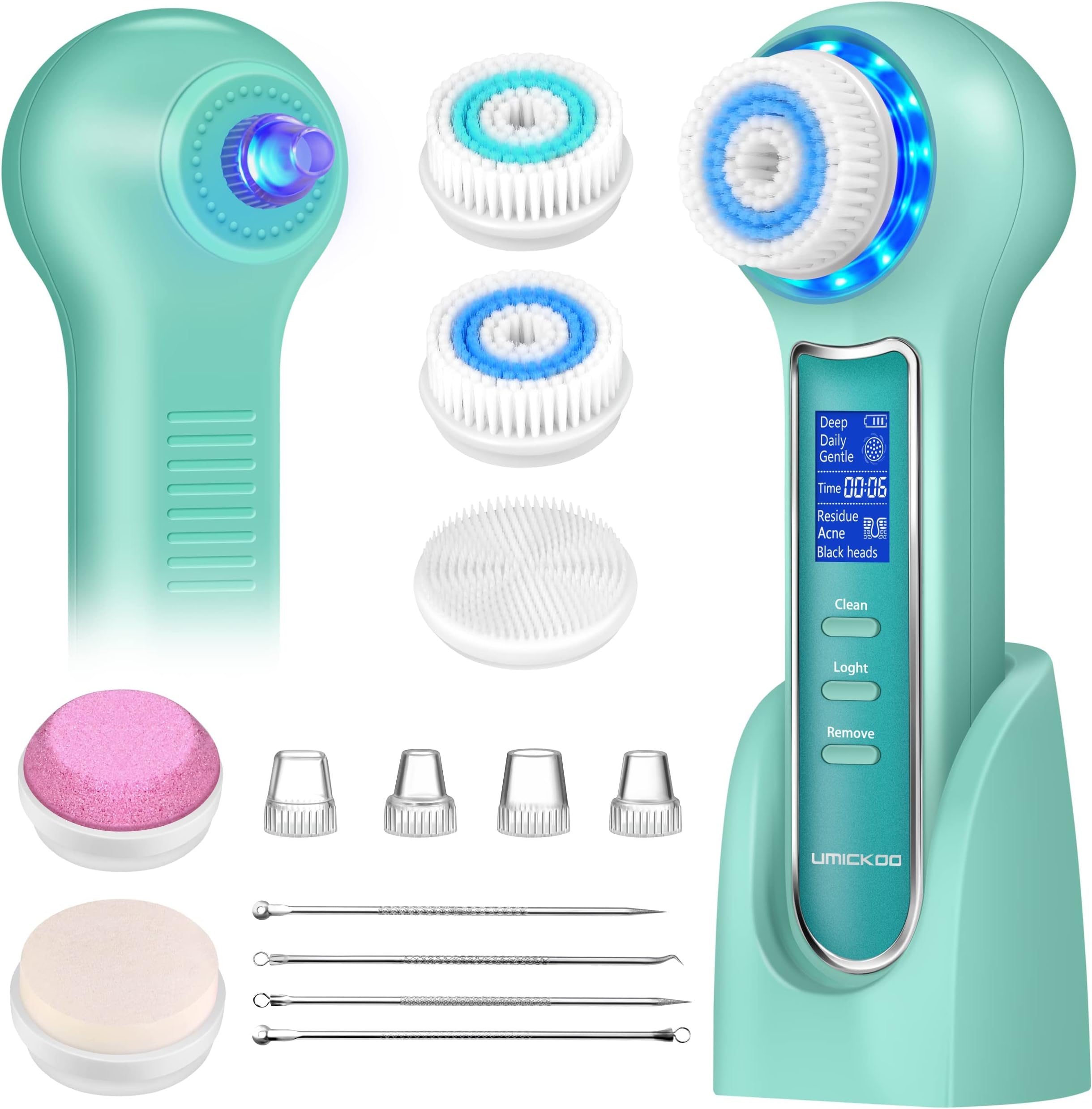 (Mint-green) - Blackhead Remover Vacuum,Rechargeable Facial Cleansing Brush with LCD Screen,IPX7 Waterproof 3 in 1 Facial Cleaner for Exfoliating, Massaging and Deep Pore Cleansing