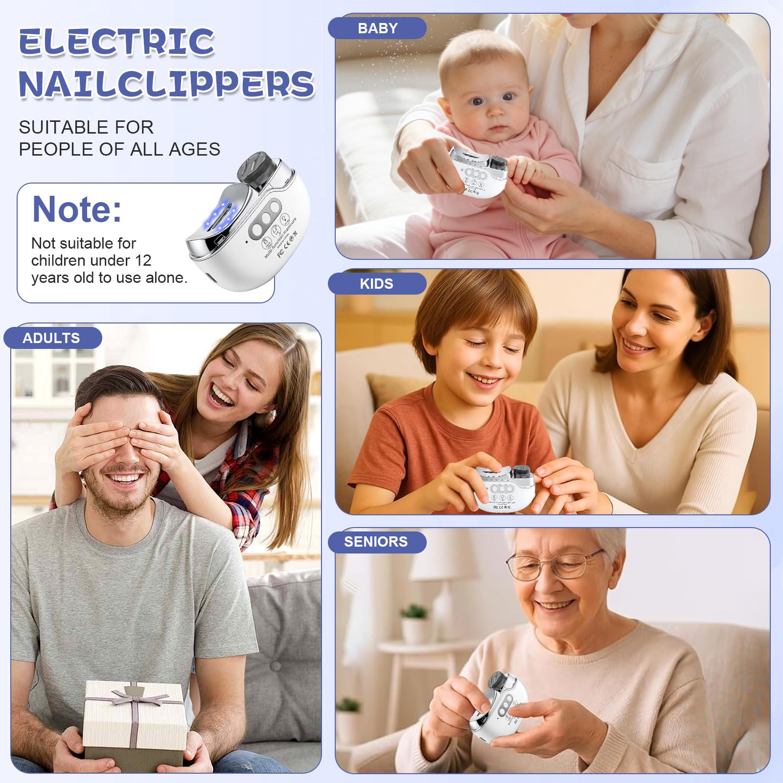 4 in 1 Elektrischer Nagelknipser, Einstellbarer Elektrische Nagelfeile, Nagelknipser Elektrisch mit Nagellampe, Tragbare Nagelfeile für Kinder, ältere Menschen, Erwachsene, Maniküre(A)