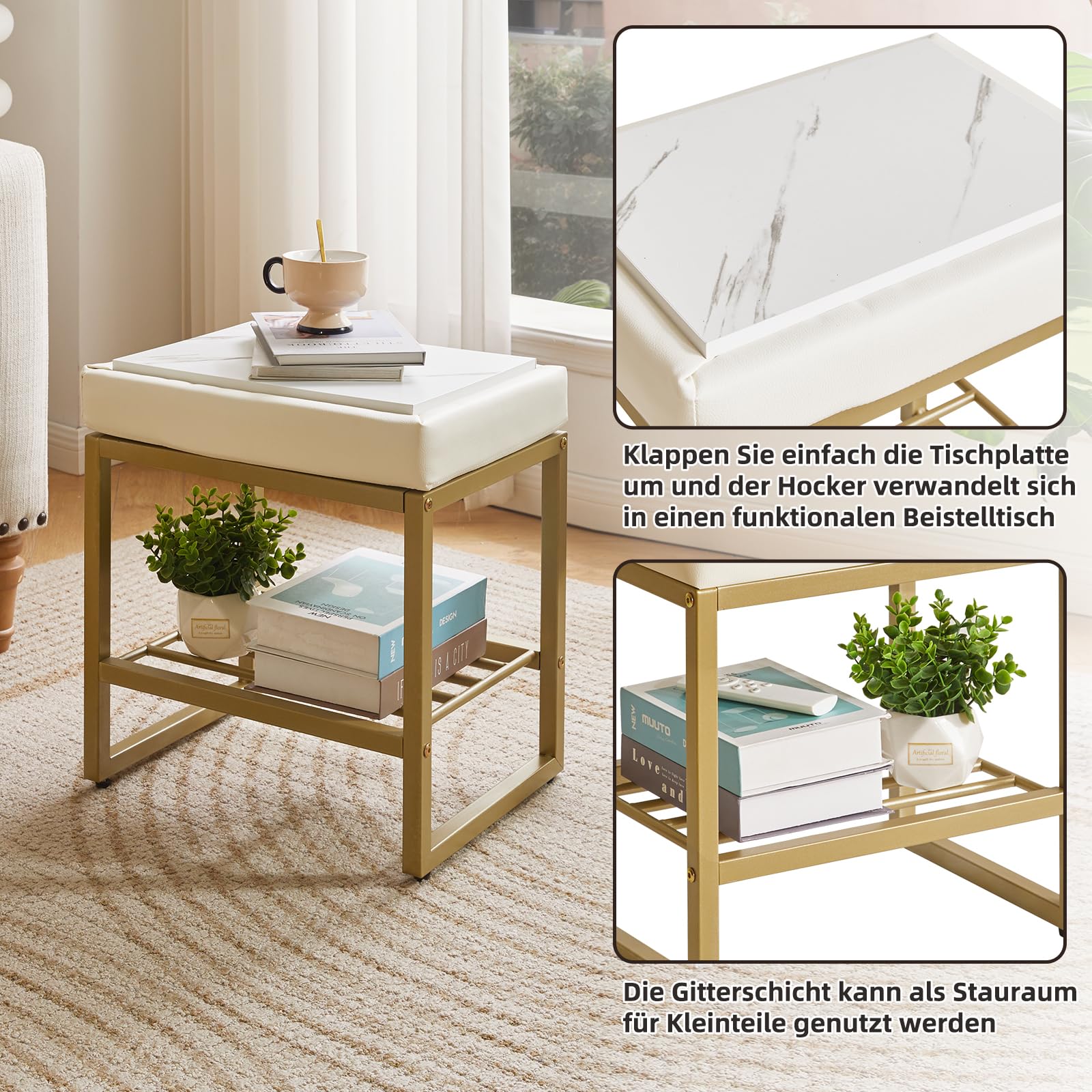 Aibiju Quadratischer Schminktischhocker, Schminkstuhlhocker mit verstellbaren Füßen und Stauraum, kleine Make-up-Hockerbank für Schminktisch, Schlafzimmer, Wohnzimmer, Weiß YD-JD150W