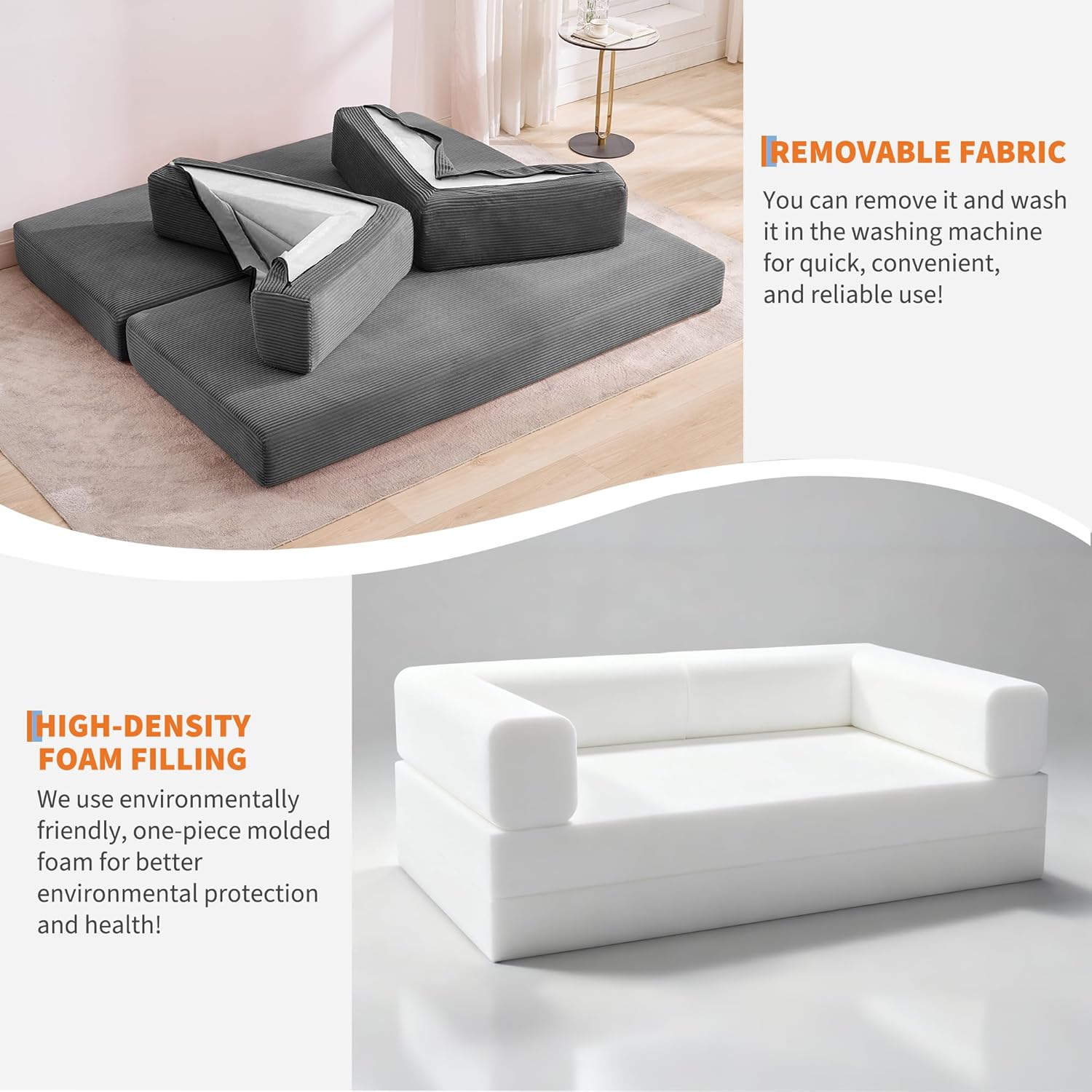 Convertible Sleeper Sofa Bed, 78.8" Floor Sofa Bed, 5-in-1 Folding Mattress Couch Loveseat with Fixed-Shape Frame, Pillow, Corduroy Fabric for Living Room Bedroom Lounge (Gray)