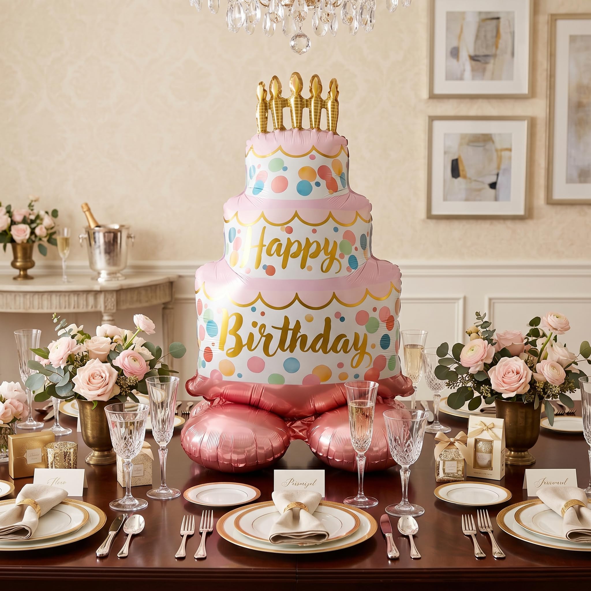 Standing Birthday Balloons for Women - Pink Cake Shaped Foil Balloon, Self Inflating & Reusable Party Decorations, Helium or Air Fillable for Adult Celebrations