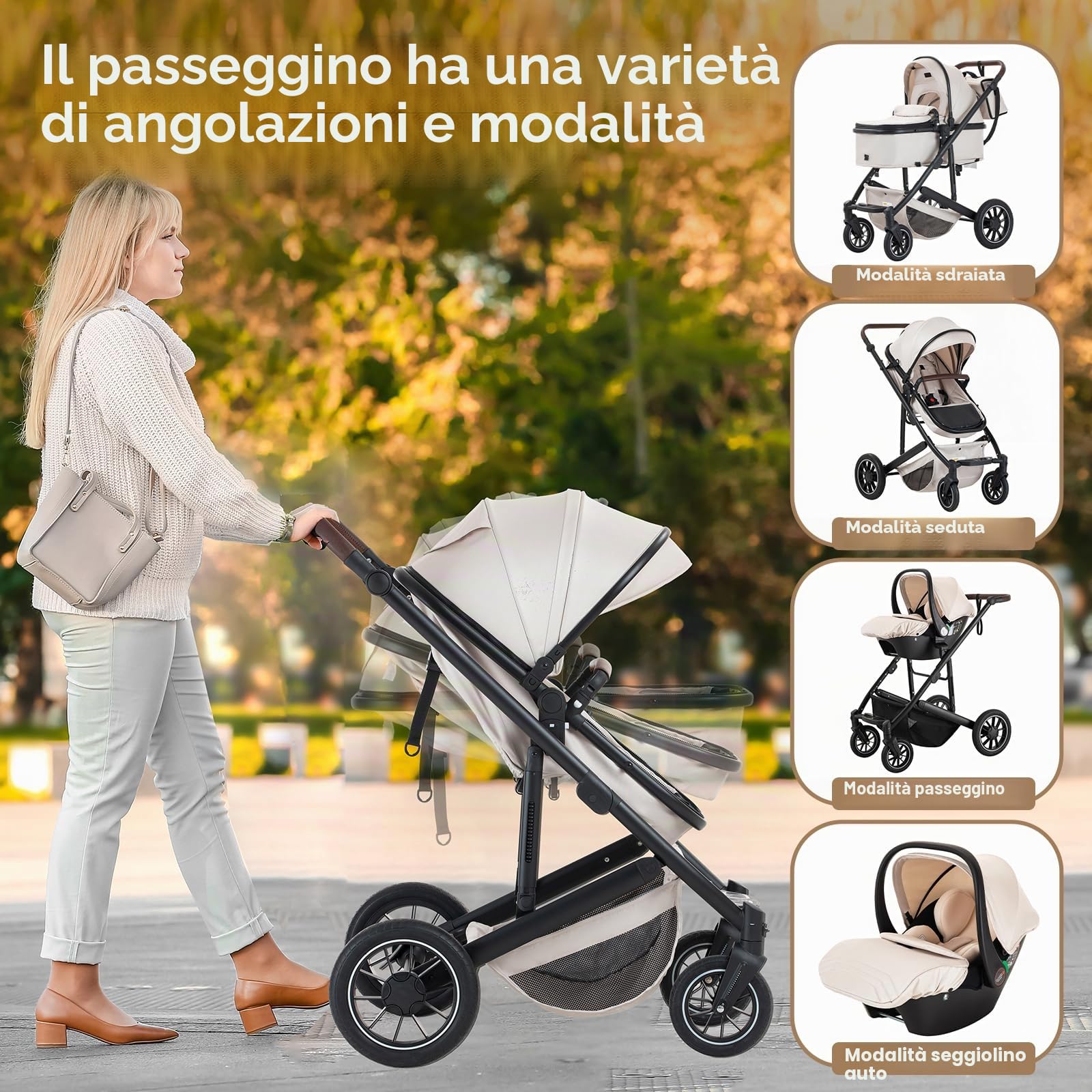 Passeggino Trio, Beige-Set Passeggino e Seggiolino Auto, passeggino fronte mamma da Viaggio con Manico Regolabile, Cestino&Cestino per Dormire con Copripiedi, Copripiedi rialzati,0-4,22KG