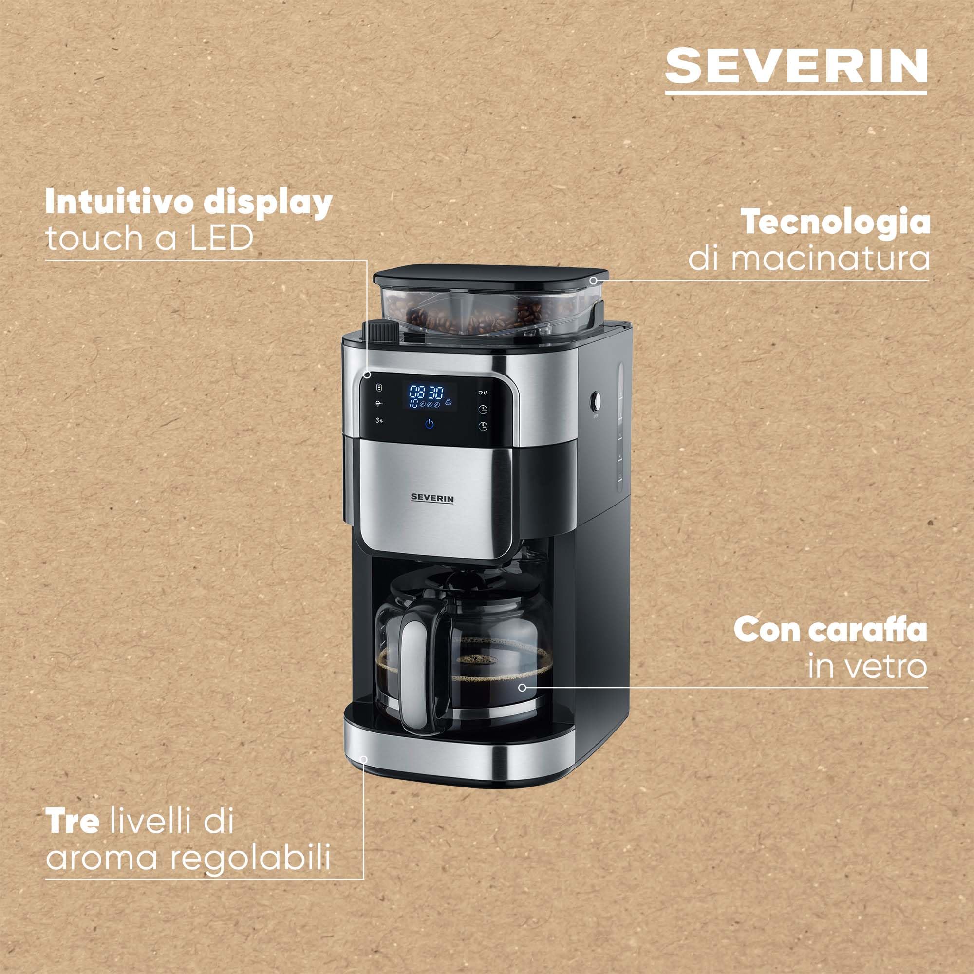 SEVERIN KA 4813 - Macchina da caffè con filtro in acciaio INOX, macinazione fine e grado di macinazione selezionabile, 1000 W, fino a 10 tazze/ca. 1,25 l