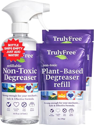 Truly Free Heavy Duty Degreaser - Grease Remover & Grime Cleaner for Kitchen, Automotive & More, Household Cleaning Supplies, Fragrance-Free, Includes 16 oz Reusable Empty Bottle + Two Fills, 3 oz ea.