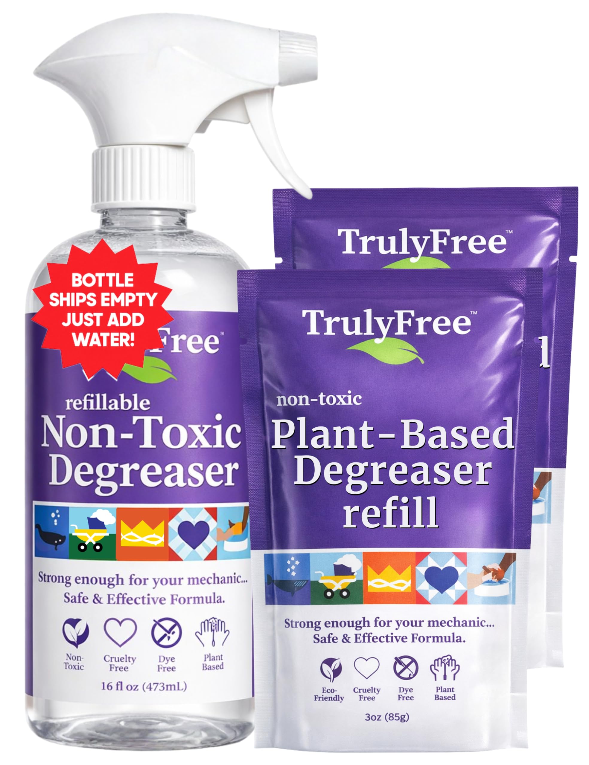 Truly Free Heavy Duty Degreaser - Grease Remover & Grime Cleaner for Kitchen, Automotive & More, Household Cleaning Supplies, Fragrance-Free, Includes 16 oz Reusable Empty Bottle + Two Fills, 3 oz ea.