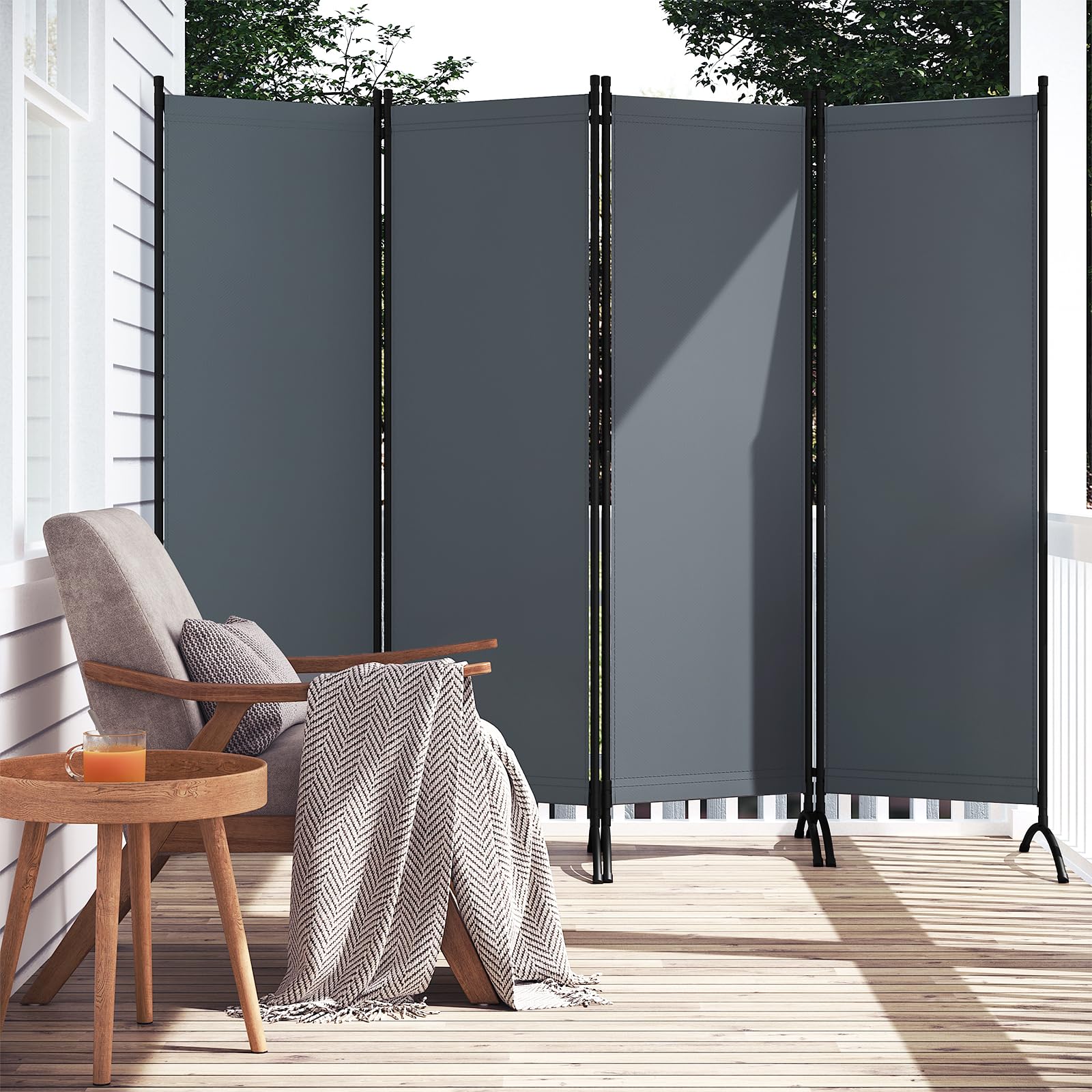 WOLTU Paravent 4 Teilig 224x182 cm Dunkelgrau, Raumteiler Freistehend Trennwand und Klappbar, Sichtschutz Spanische Wand für Innen- und Außenbereich, Ideal für Wohnzimmer, Balkon und Garten