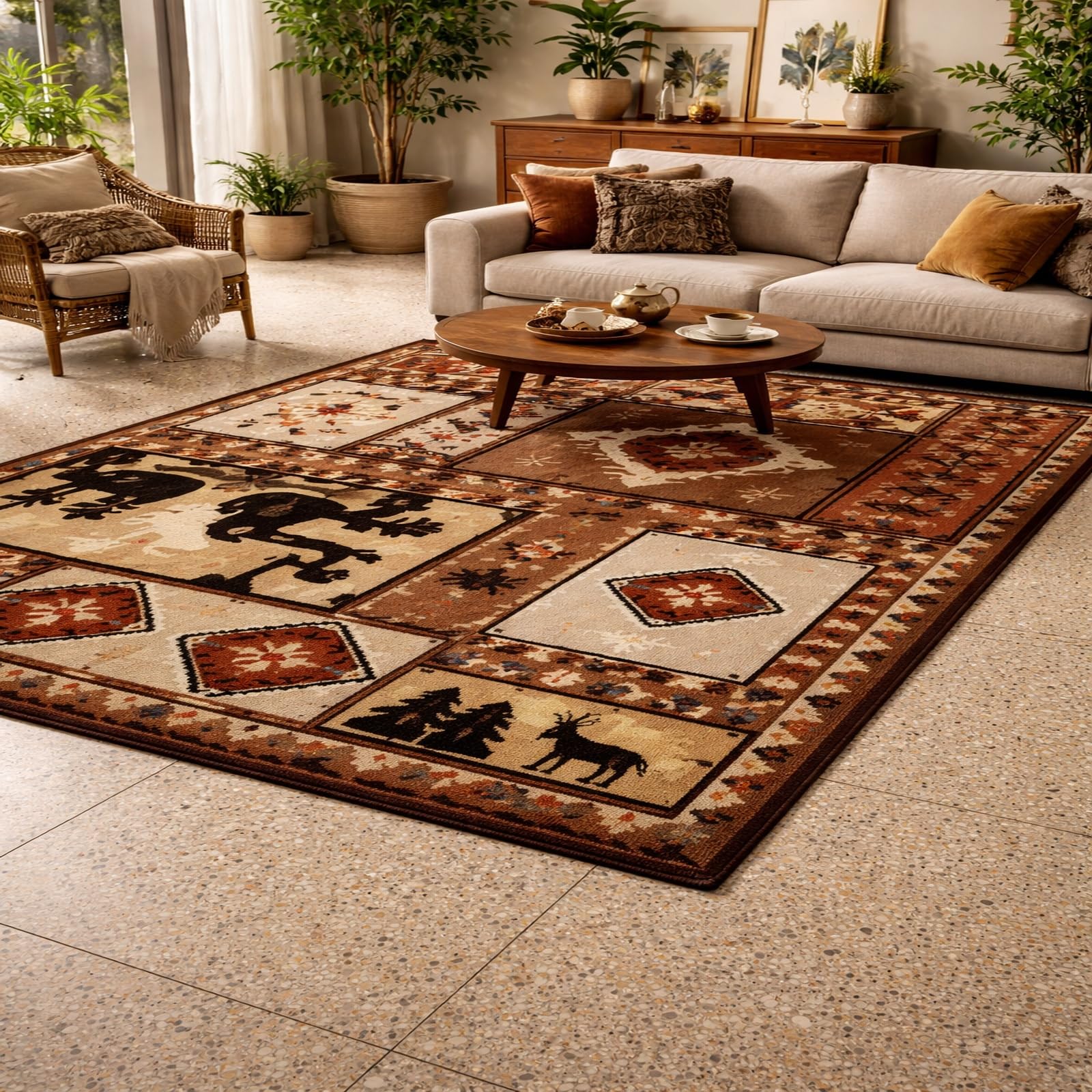 Alfombra geométrica tradicional roja Rururug para decorar un salón acogedor y confortable
