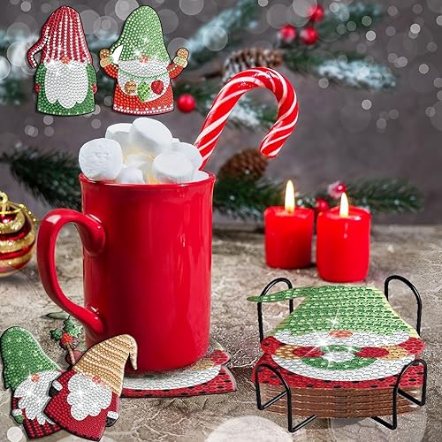 Miniatura 3 de Denylo pro Juego de 8 posavasos de pintura de gnomo de diamante de Navidad con soporte, posavasos de gnomo de Navidad para adultos, kits de pintura
