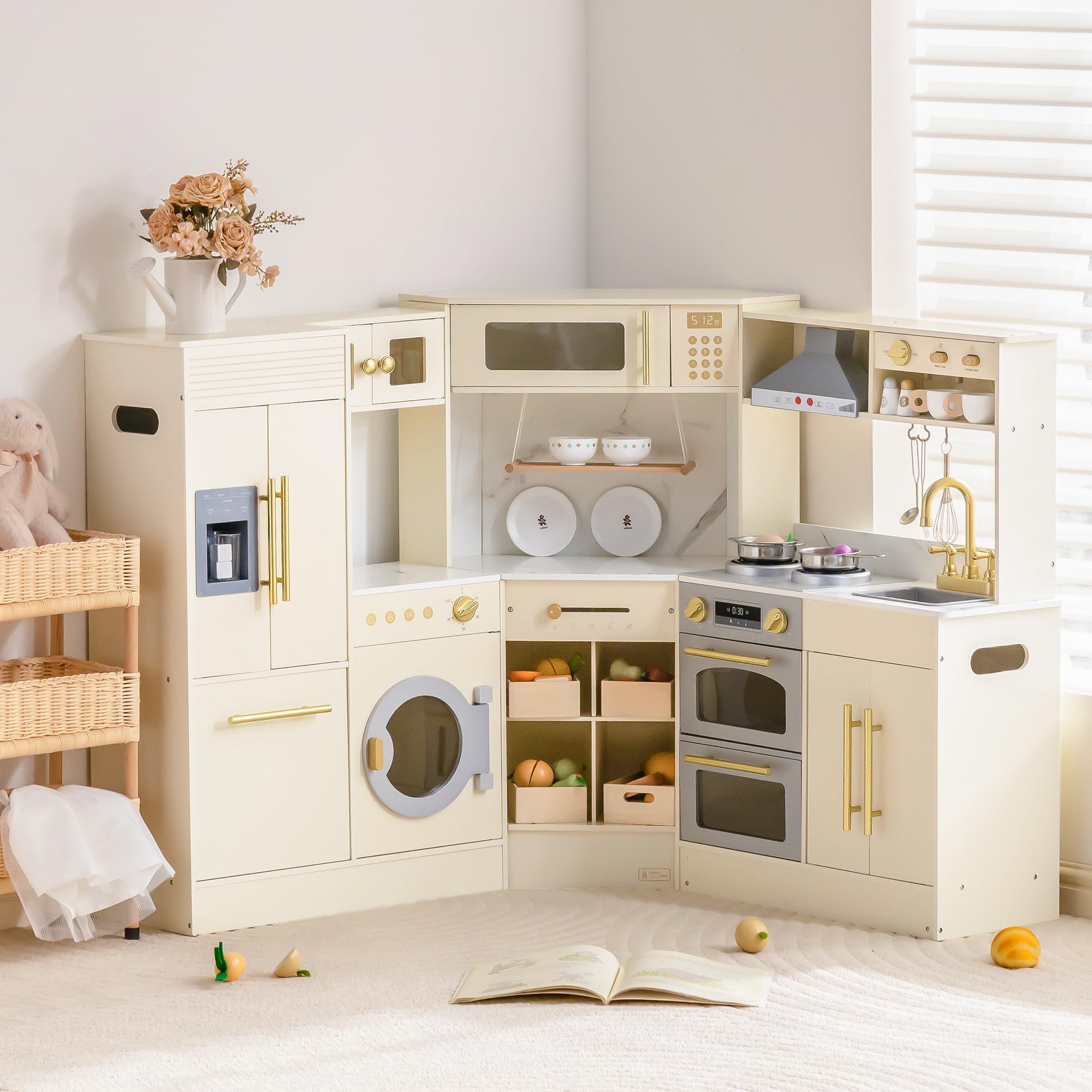 robud wooden play kitchen set, pretend play corner kitchen, kids kitchen playset with lights & sounds, toy kitchen with refrigerator, laundry playset, oven and storage cabinet, gift for boys girls, 3+