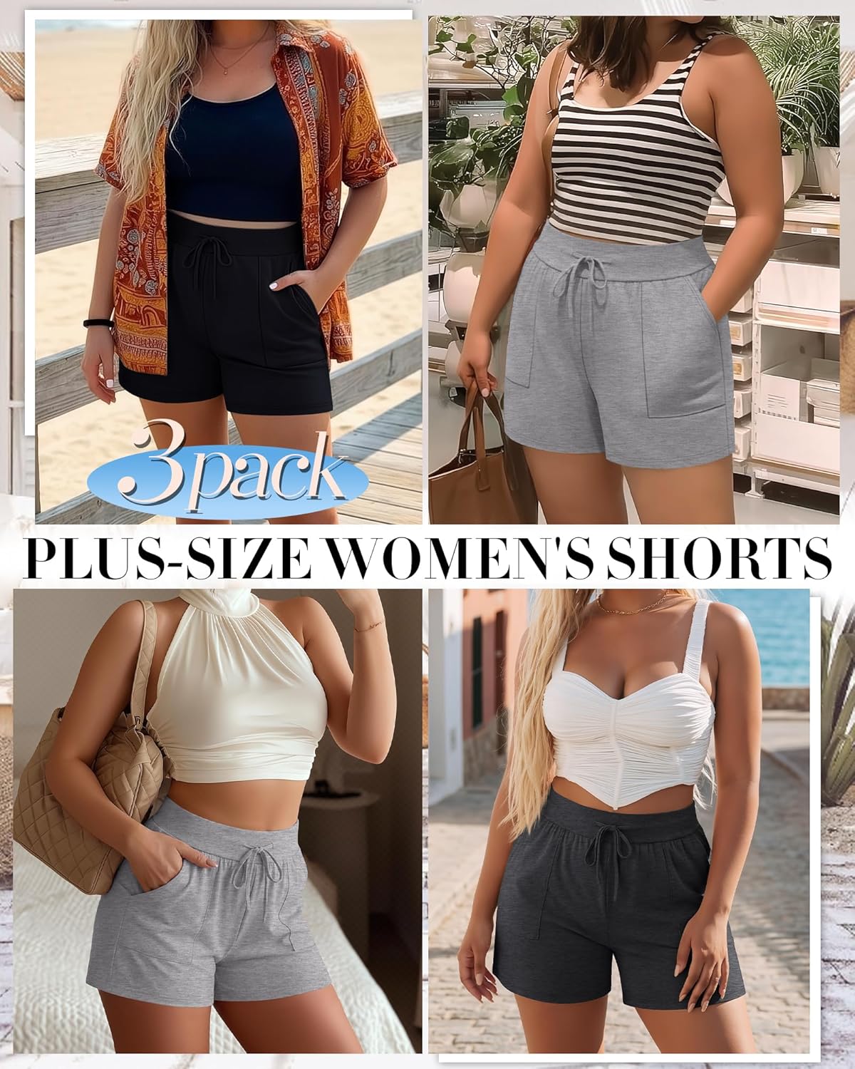 3 Pack Women's Plus Size Shorts, Drawstring Sweat Shorts Loose Lounge Running Athletic Shorts with Pockets - Image 2