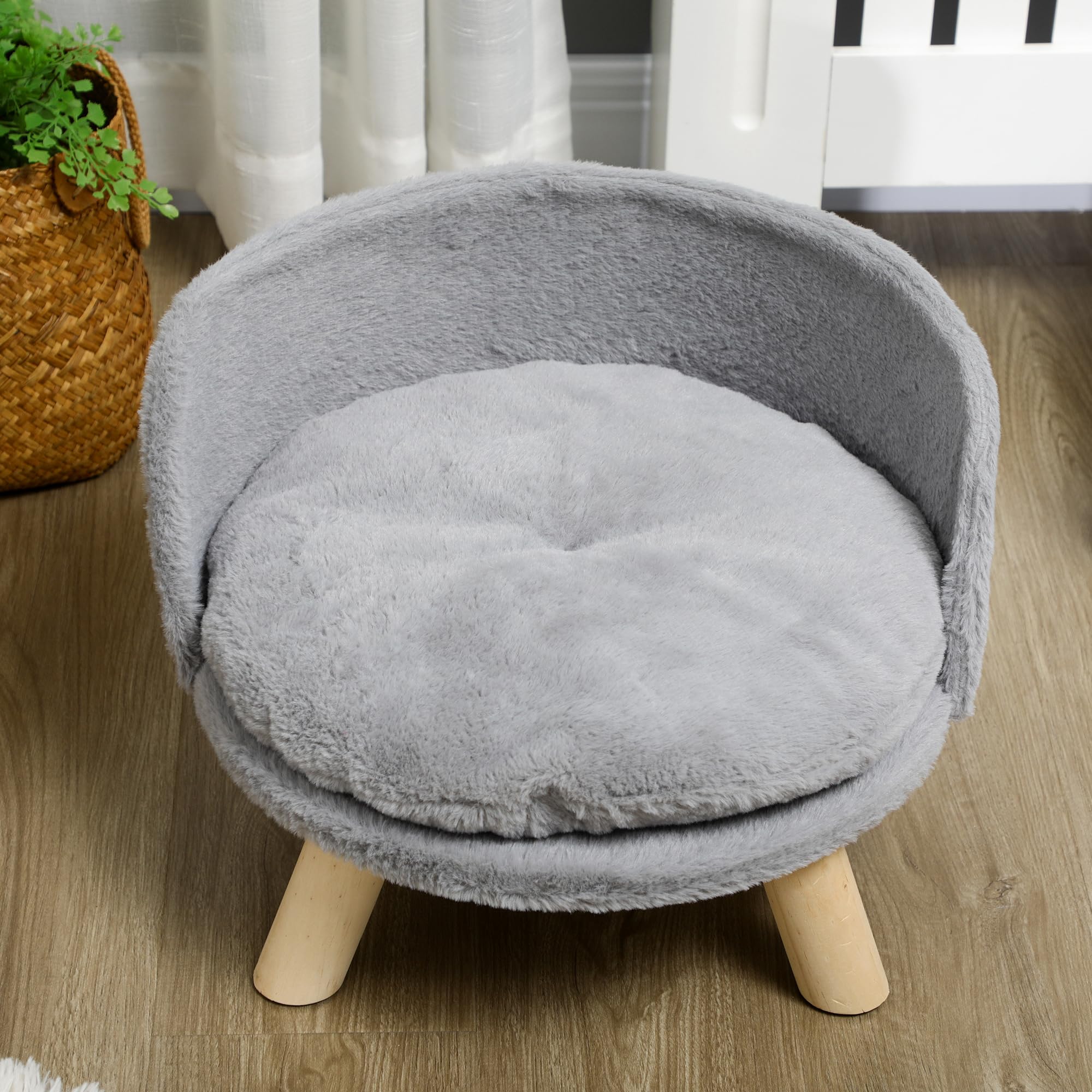 PawHut Lettino per Cani Taglia Media di 5 kg Massimo Rotondo, Divano per Cani in Tessuto di Peluche e Legno con Cuscino Extra Lavabile in Cotone PP, Ø40.5x33 cm, Grigio