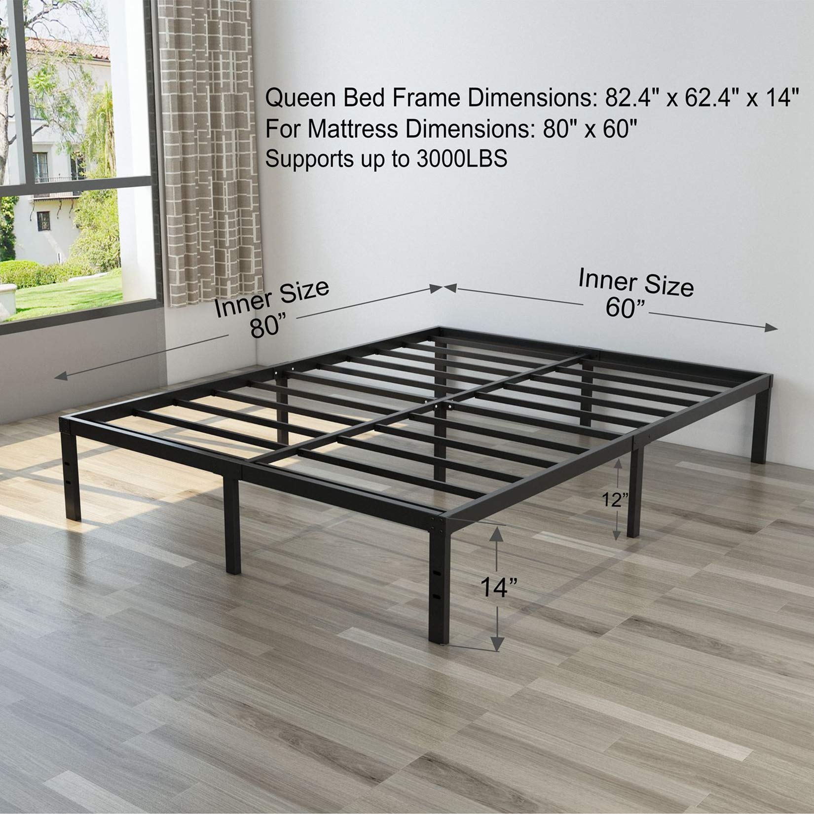 Heavy Duty Queen Platform Bed Frame,NOAH MEGATRON Slatted Bed Base 14