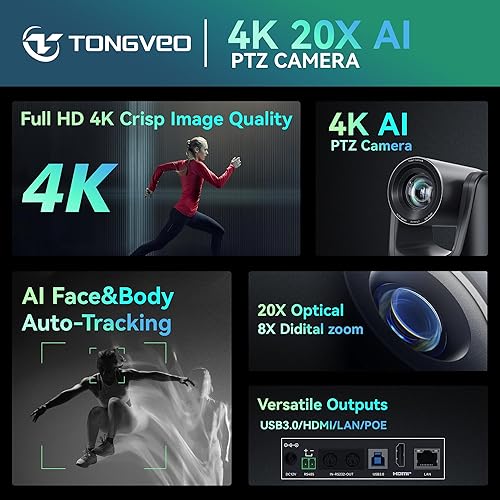 Miniatura 5 de TONGVEO Cámara PTZ 4K AI con seguimiento automático y zoom óptico 20X, cámara web de sala de conferencias con HDMI/USB3.0/LAN/PoE, ideal para