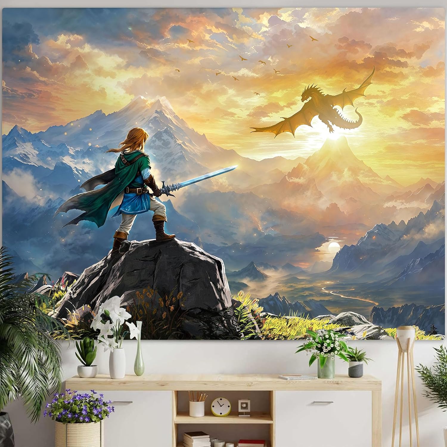 Spenlife Heroic Dragon Landscape Wall Tapestry, Fantasy Mountain Quest Tapestries for Room Decor, Epic Tapestry 90x70 Inch
