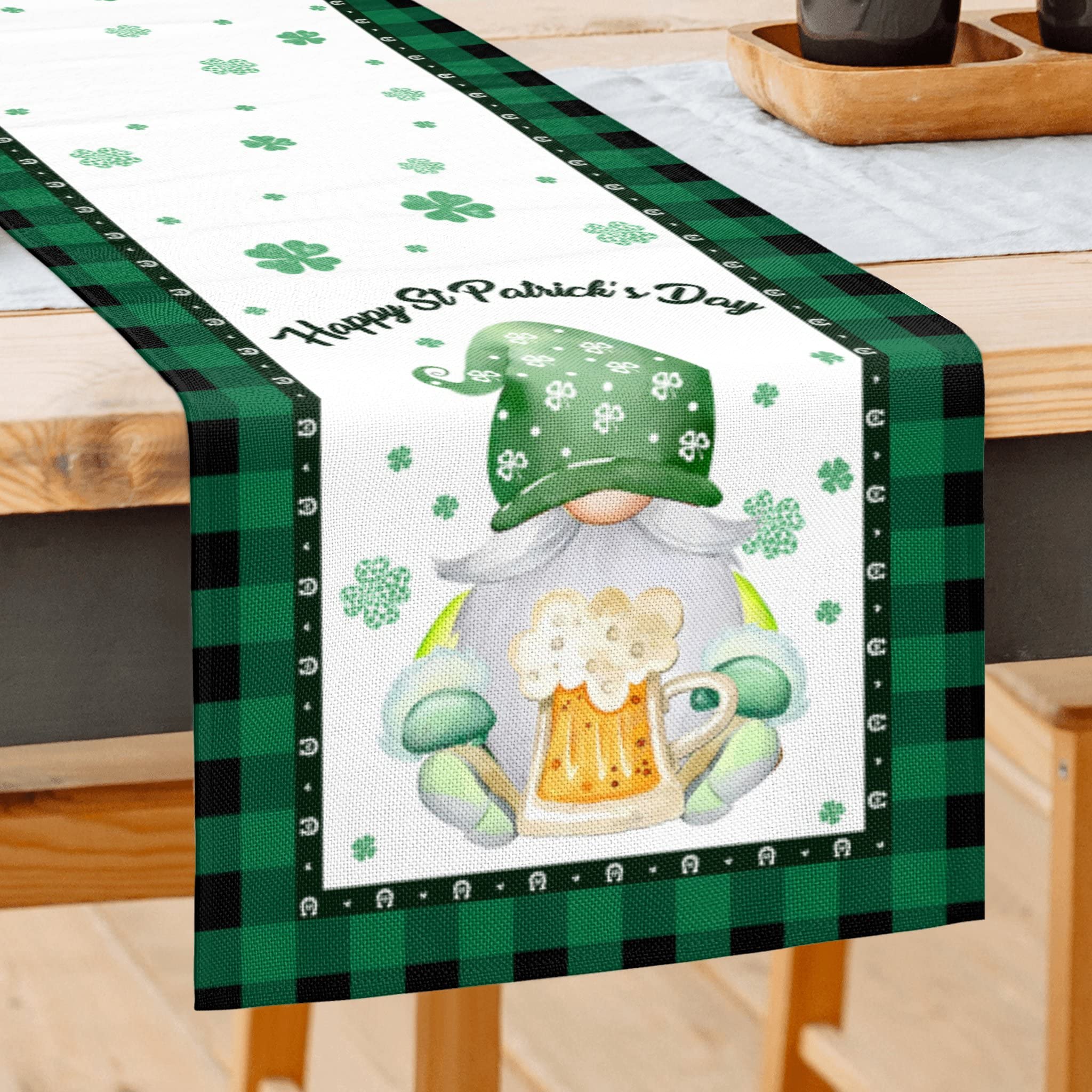 St. Patrick's Day Table Runner - 13x72 Inch Green Plaid Lucky Charm Decor For Irish Holiday Parties