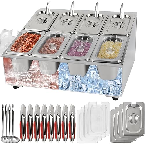 Kalolary Estación de almacenamiento de 8 sartenes, recipientes de condimentos de acero inoxidable con tapas, cucharas, contenedor de exhibición de
