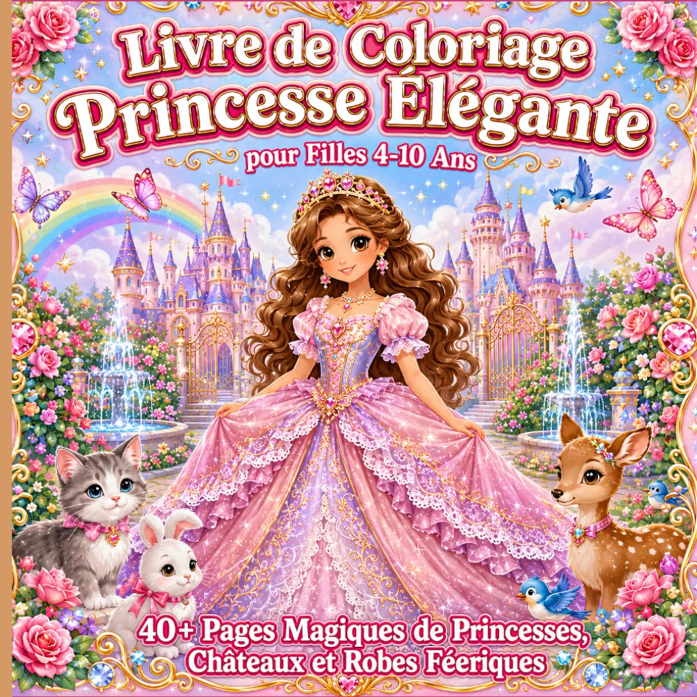 Livre de Coloriage Princesse pour Filles 4-10 Ans : 40+ Pages Magiques de Princesses, Châteaux, Licornes et Robes Féeriques